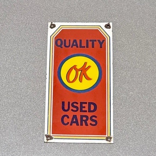 VINTAGE 12” OK USED CARS DEALERSHIP PORCELAIN SIGN GAS OIL TRUCK MOTORCYCLE