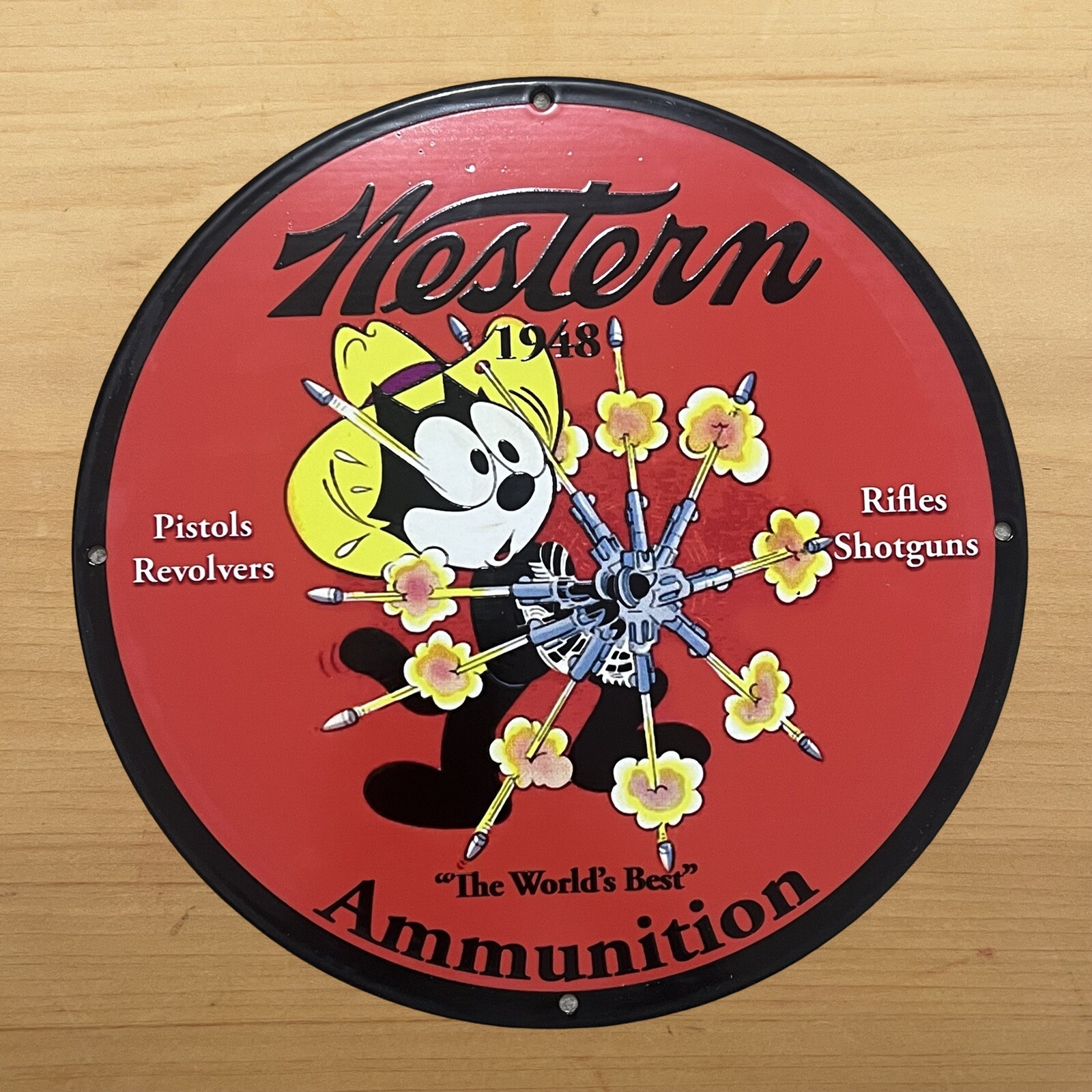 VINTAGE WESTERN AMMUNITION PORCELAIN SIGN FELIX GUNS SERVICE STATION PUMP PLATE