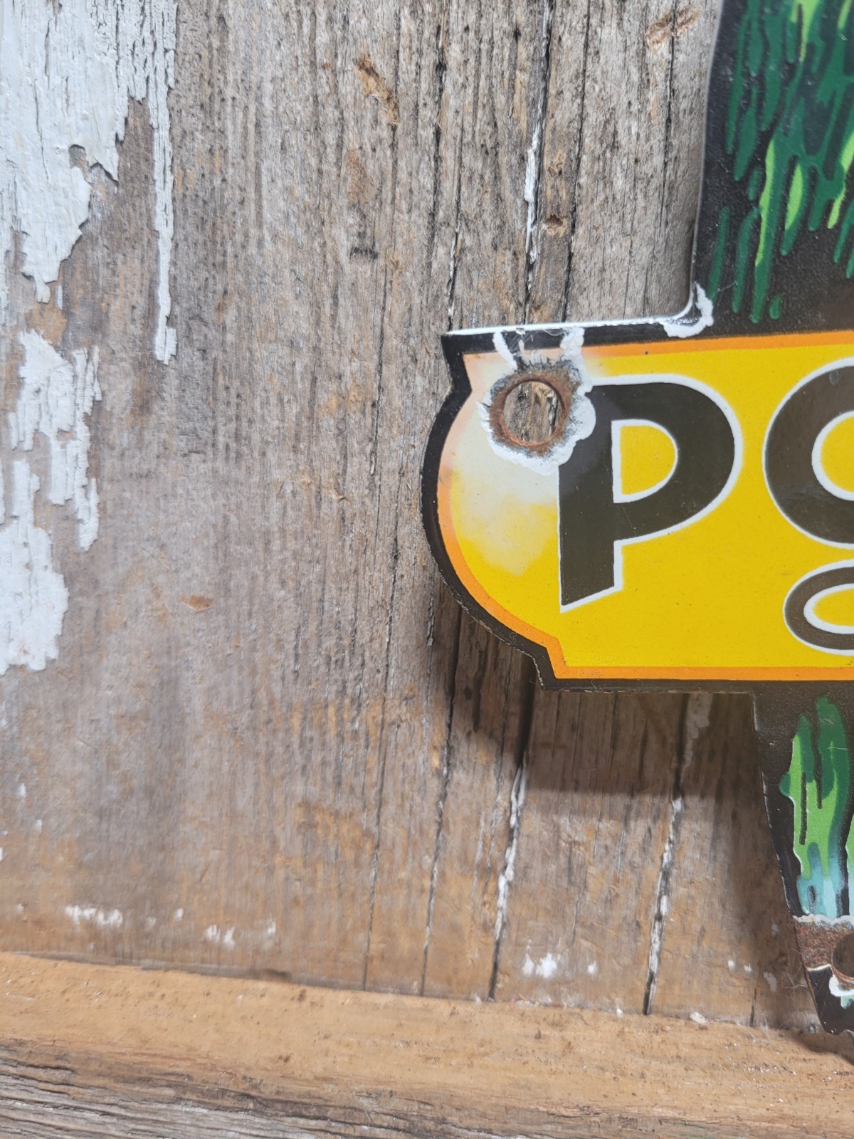VINTAGE POLLY PORCELAIN SIGN DIECUT MOTOR OIL GAS PARROT SERVICE GAS PUMP PLATE