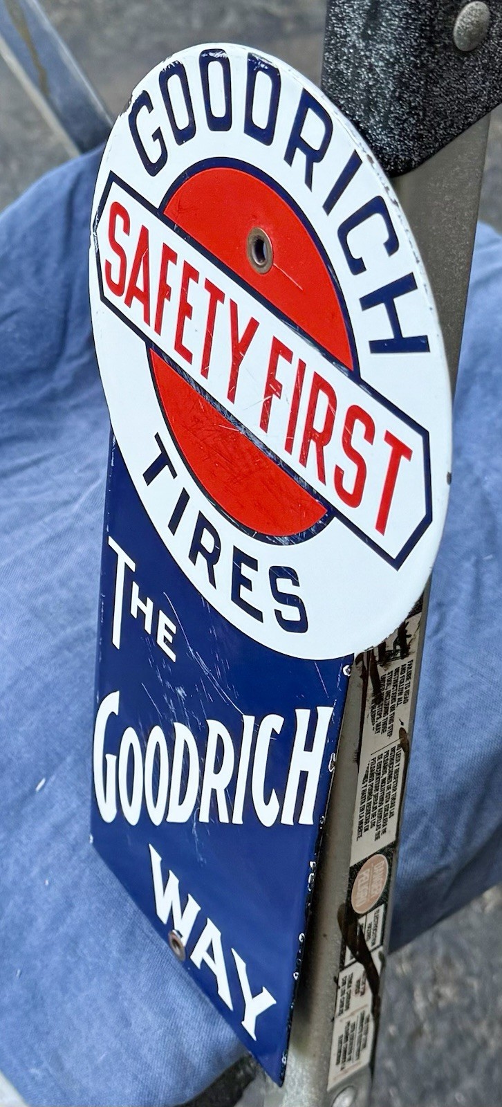 VINTAGE GOODRICH TIRES SAFTY FIRST PORCELAIN SIGN, 11 3/4”x 6”, RARE