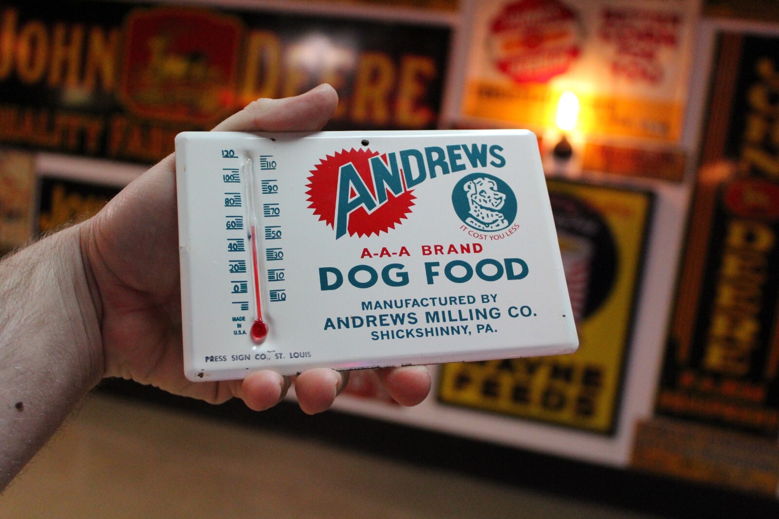 RARE 1950s ANDREWS DOG FOOD DEALER STAMPED PAINTED METAL SIGN PET STORE PA GAS