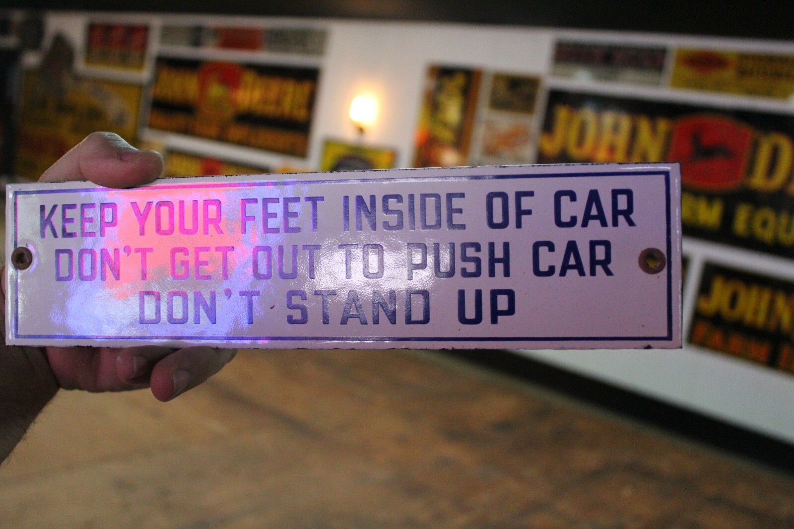 KEEP YOUR FEET INSIDE OF CAR PORCELAIN METAL SIGN CAB RAILROAD TRAIN POLICE GAS