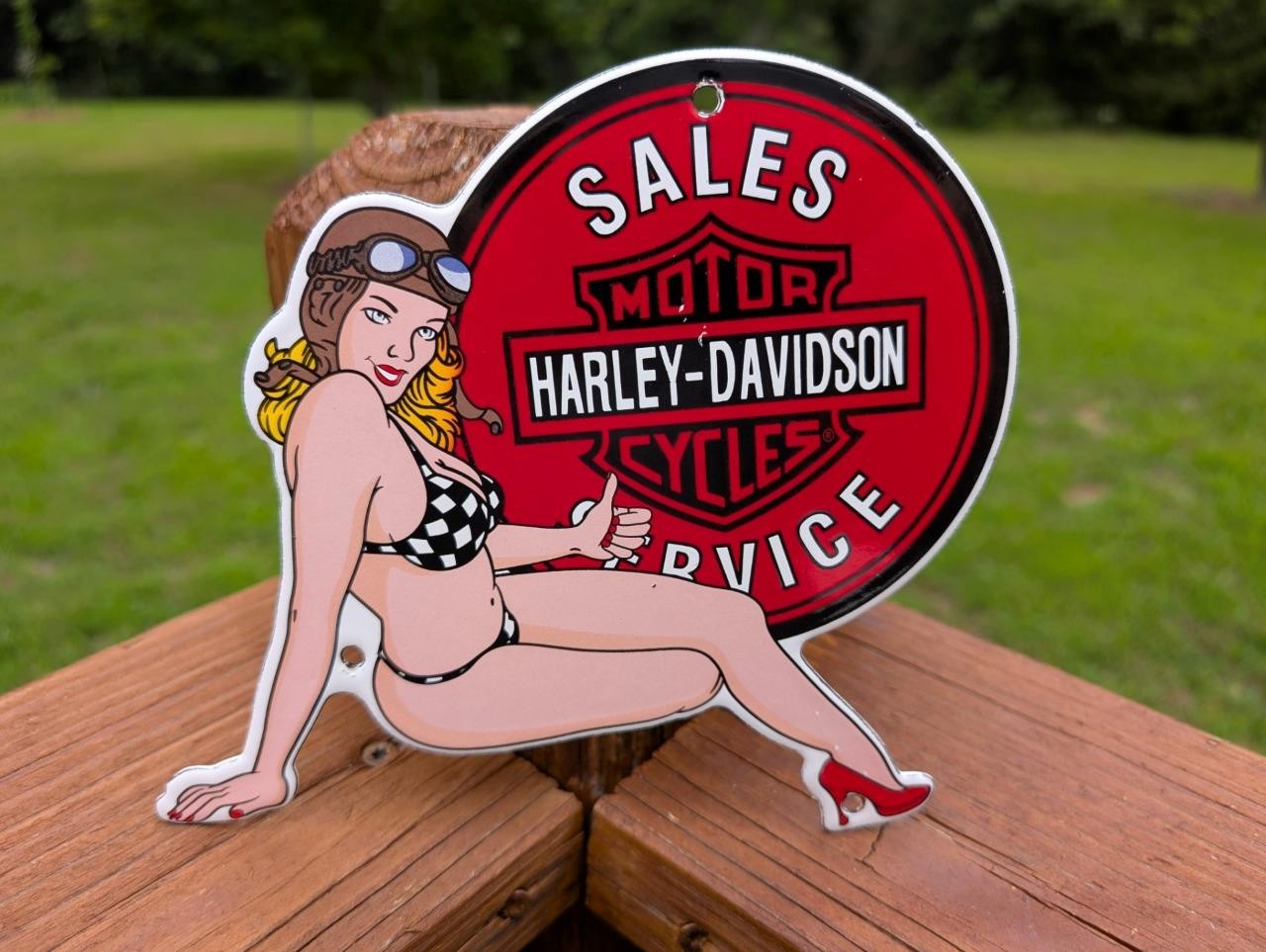 PORCELAIN HARLEY DAVIDSON SALES SERVICE PINUP GIRL DEALER SIGN DOOR PUSH PLATE