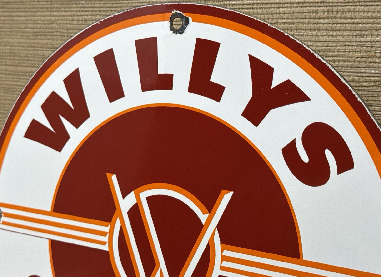 VINTAGE WILLYS PORCELAIN SIGN SALES SERVICE GAS OIL PUMP PLATE DEALERSHIP KNIGHT
