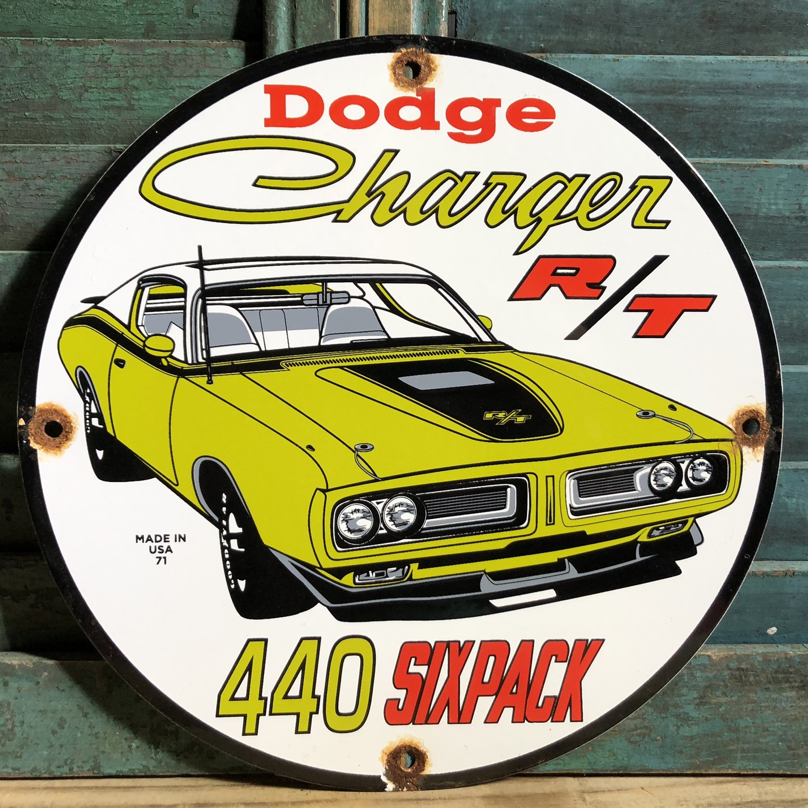 VINTAGE 1971 DATED PORCELAIN DODGE CHARGER R/T 440 SIX PACK GAS OIL SIGN