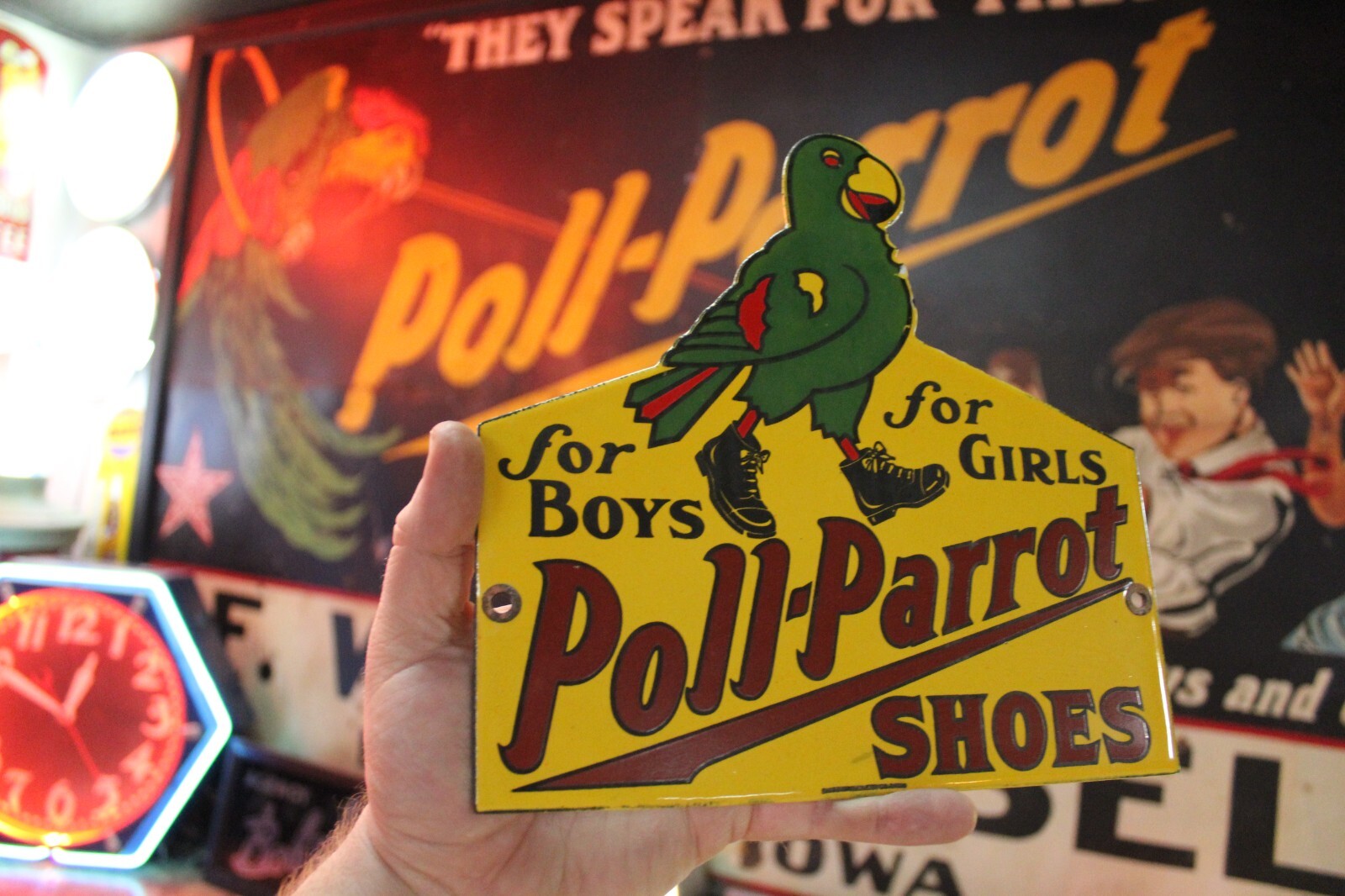 RARE POLL PARROT SHOES DEALER PORCELAIN METAL SIGN BOYS AND GIRLS BIRD ZOO GAS