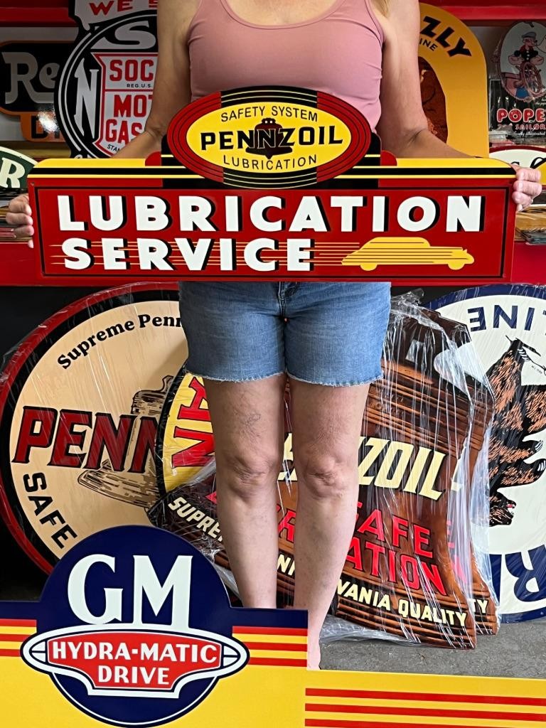 Vintage Old Style Steel Sign Pennzoil Lubrication NOT Porcelain Made USA 30″x12″