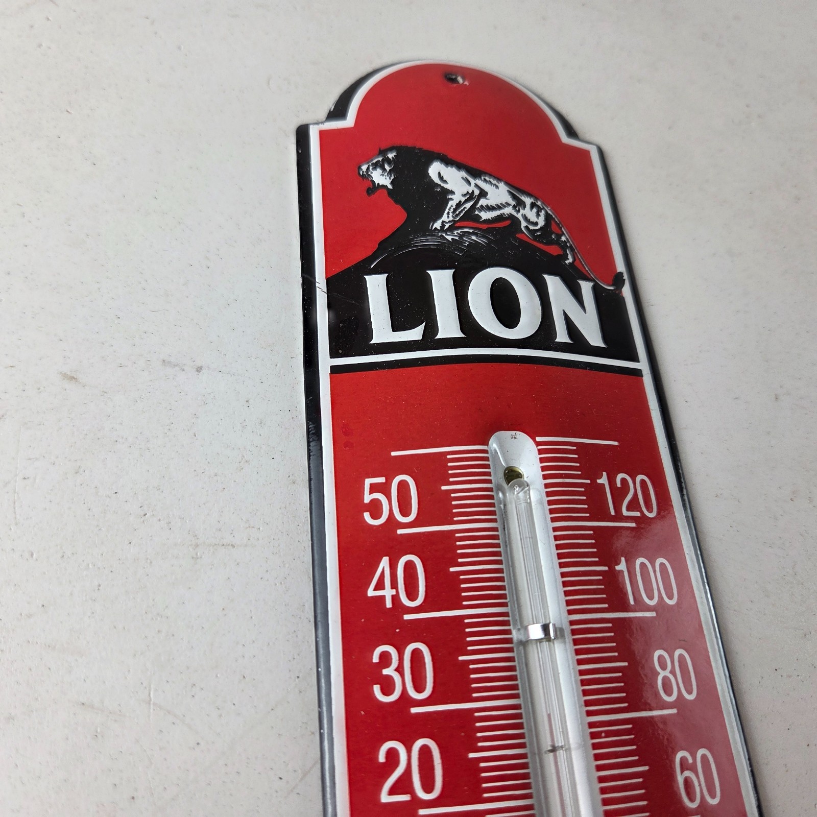 Vintage Lion Gas Sign – Service Station Pump Ad Sign on Porcelain Thermometer