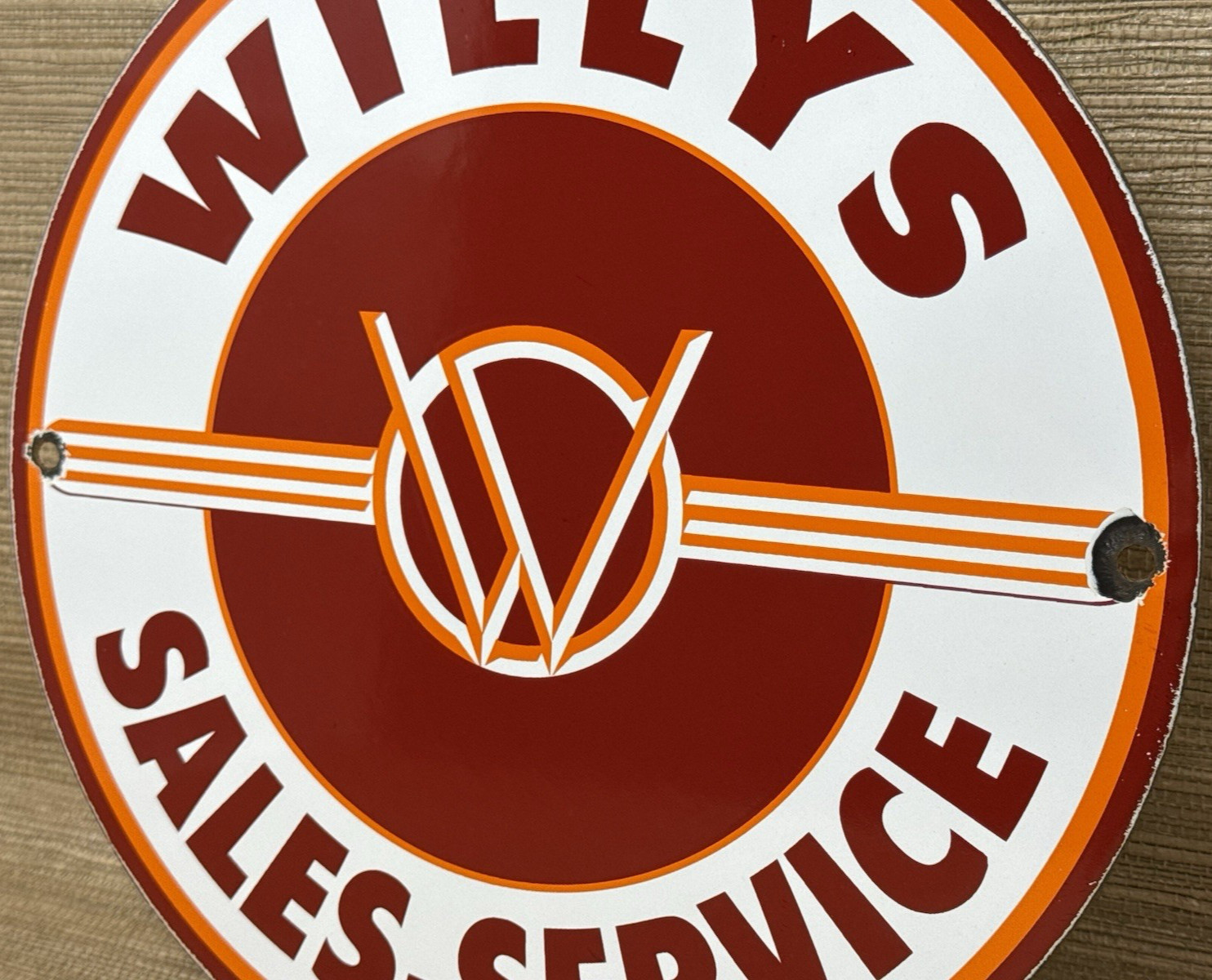 VINTAGE WILLYS PORCELAIN SIGN SALES SERVICE GAS OIL PUMP PLATE DEALERSHIP KNIGHT