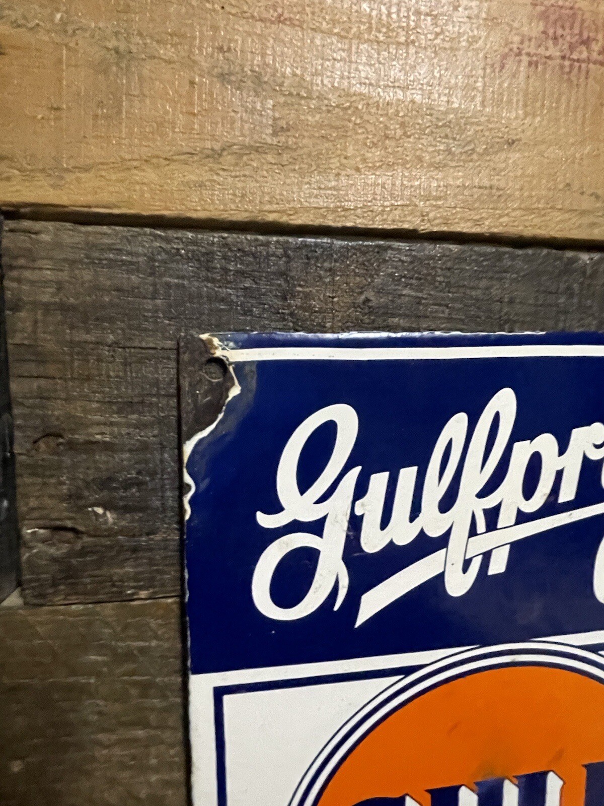 VINTAGE GULF PORCELAIN SIGN GULFPRIDE MOTOR OIL PLACARD GASOLINE GAS STATION