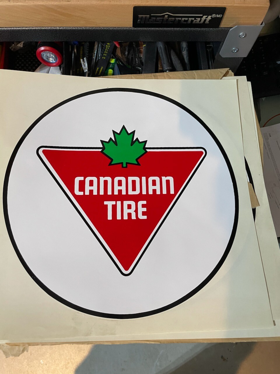 Vintage Canadian Tire Gasoline Vinyl decal Old Stock approx 12″ in diameter