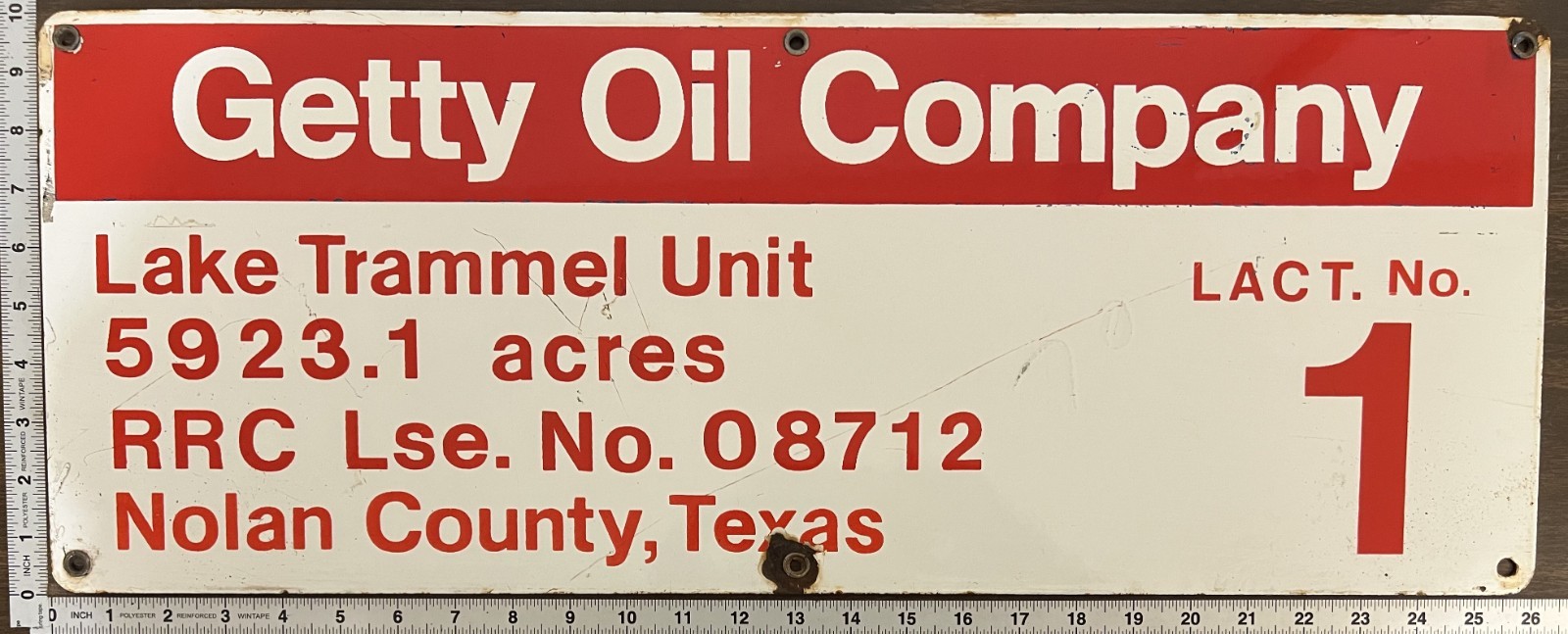 Vintage Porcelain Oil Field Sign – Getty Oil Co Lake Trammel Nolan County Texas