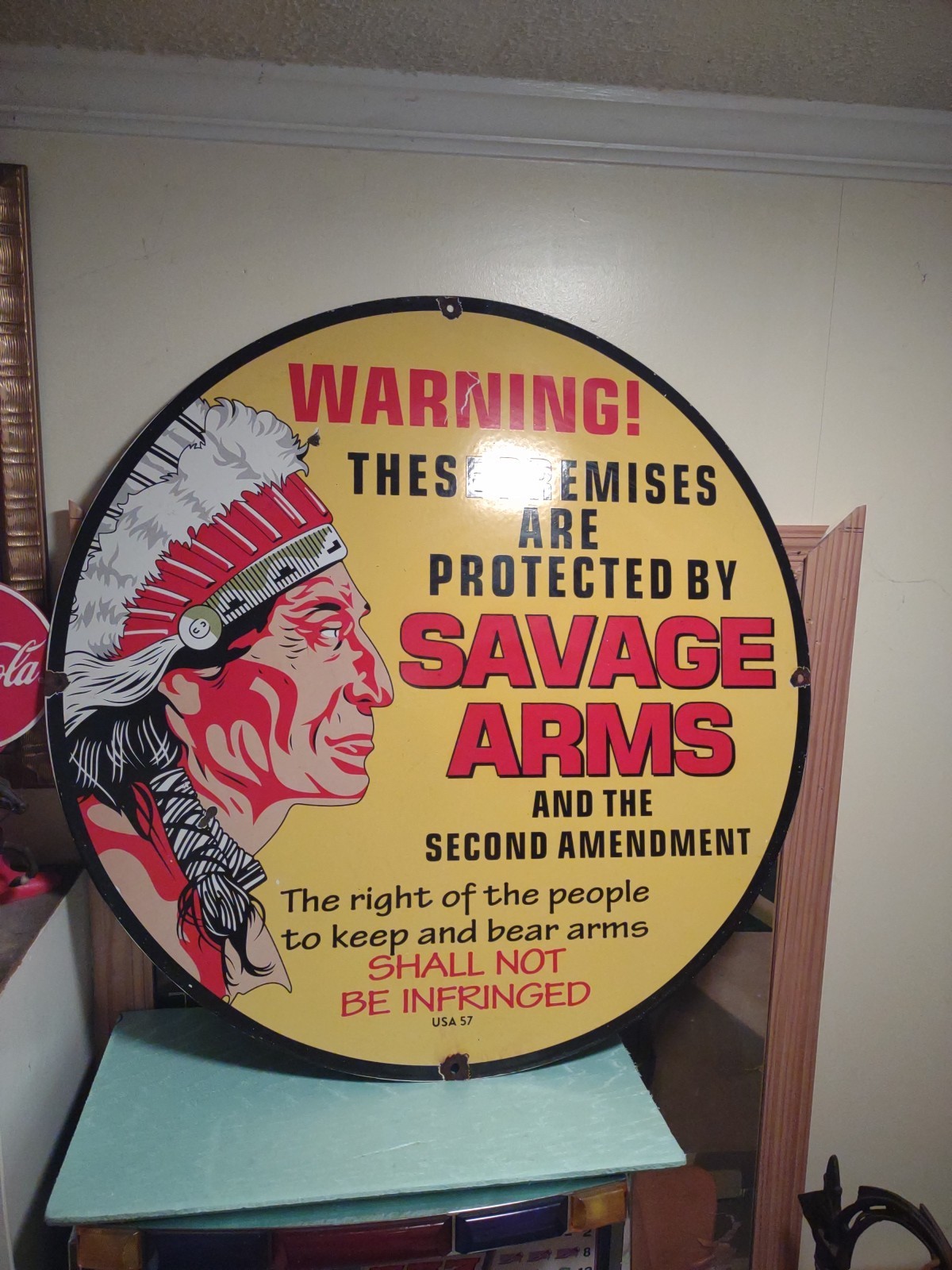 VINTAGE LARGE SAVAGE ARMS THE 2ND AMENDMENT 30” PORCELAIN AMMO GUN DEALER SIGN