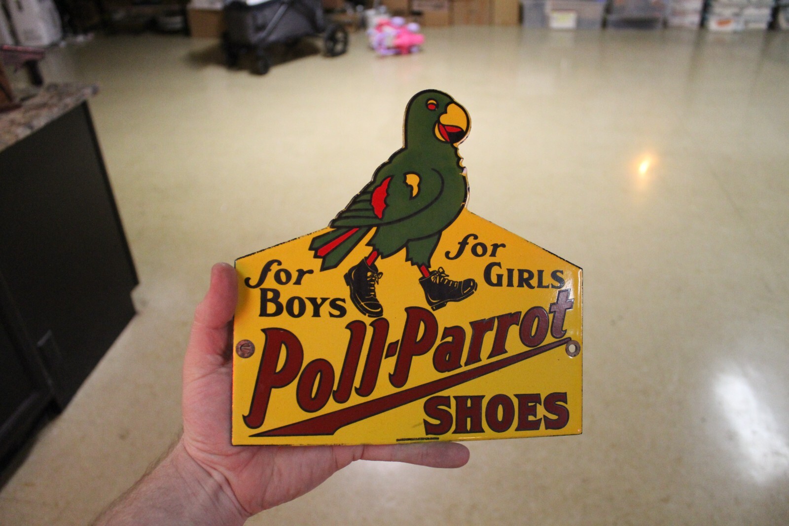 RARE POLL PARROT SHOES DEALER PORCELAIN METAL SIGN BOYS AND GIRLS BIRD ZOO GAS