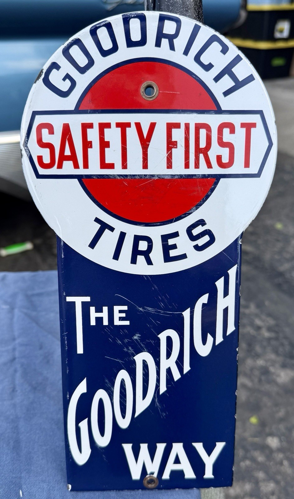 VINTAGE GOODRICH TIRES SAFTY FIRST PORCELAIN SIGN, 11 3/4”x 6”, RARE