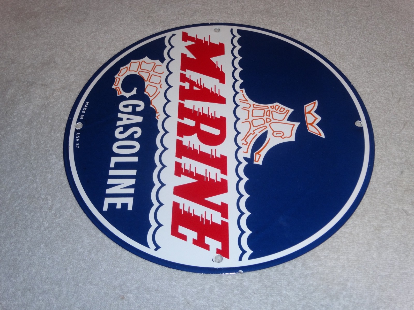 VINTAGE 1957 MARINE GASOLINE EVINRUDE JOHNSON OUTBOARD BOAT MOTOR PORCELAIN SIGN
