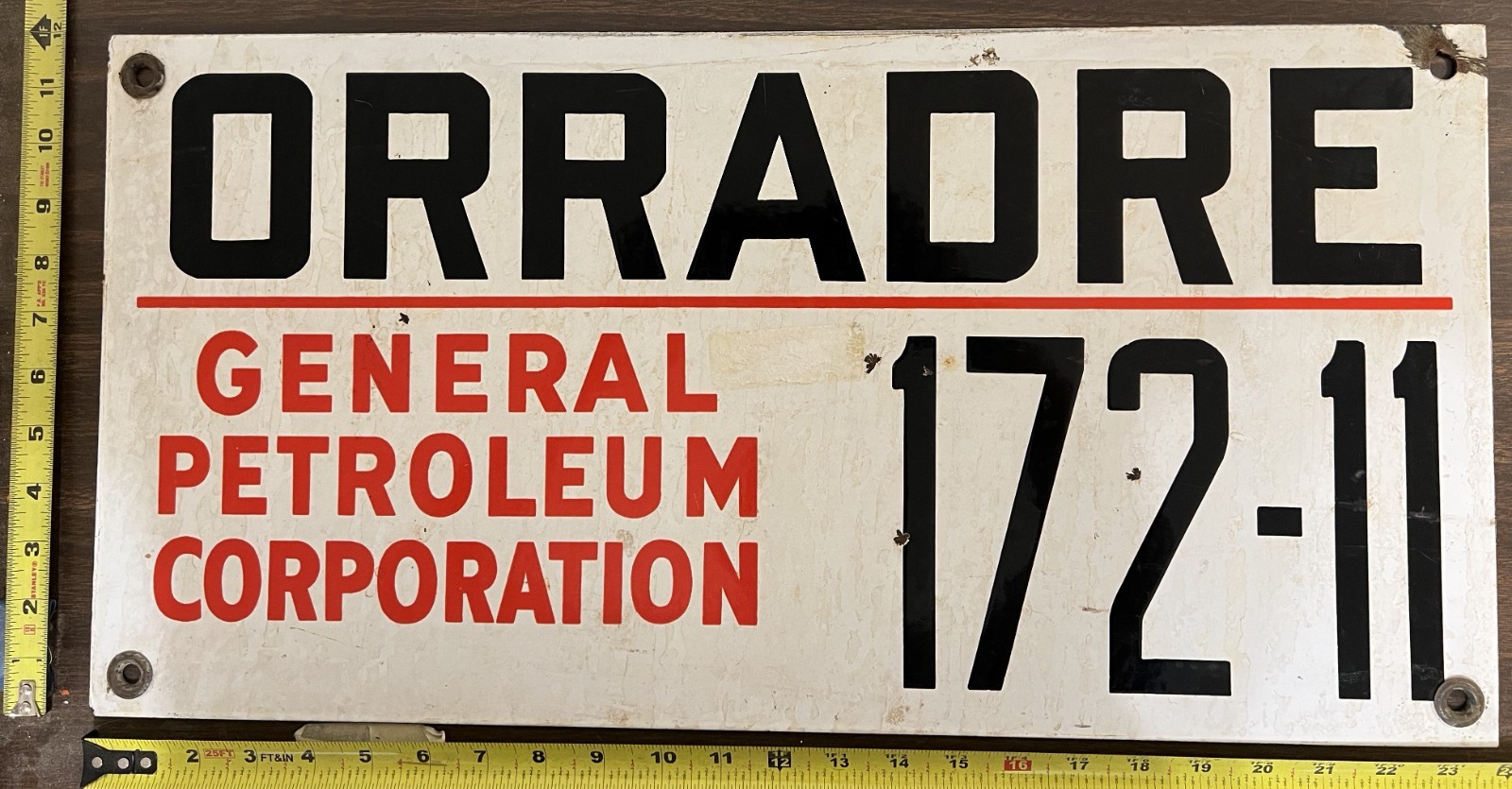 Vintage Porcelain Dbl-Sided Oil Field Sign – General Petro Corp Orradre 172-11