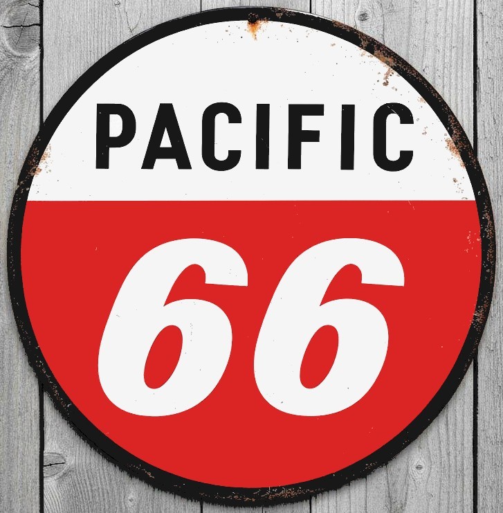 Pacific 66 Gasoline 12″ Diameter Vintage Novelty Metal Sign Made In USA