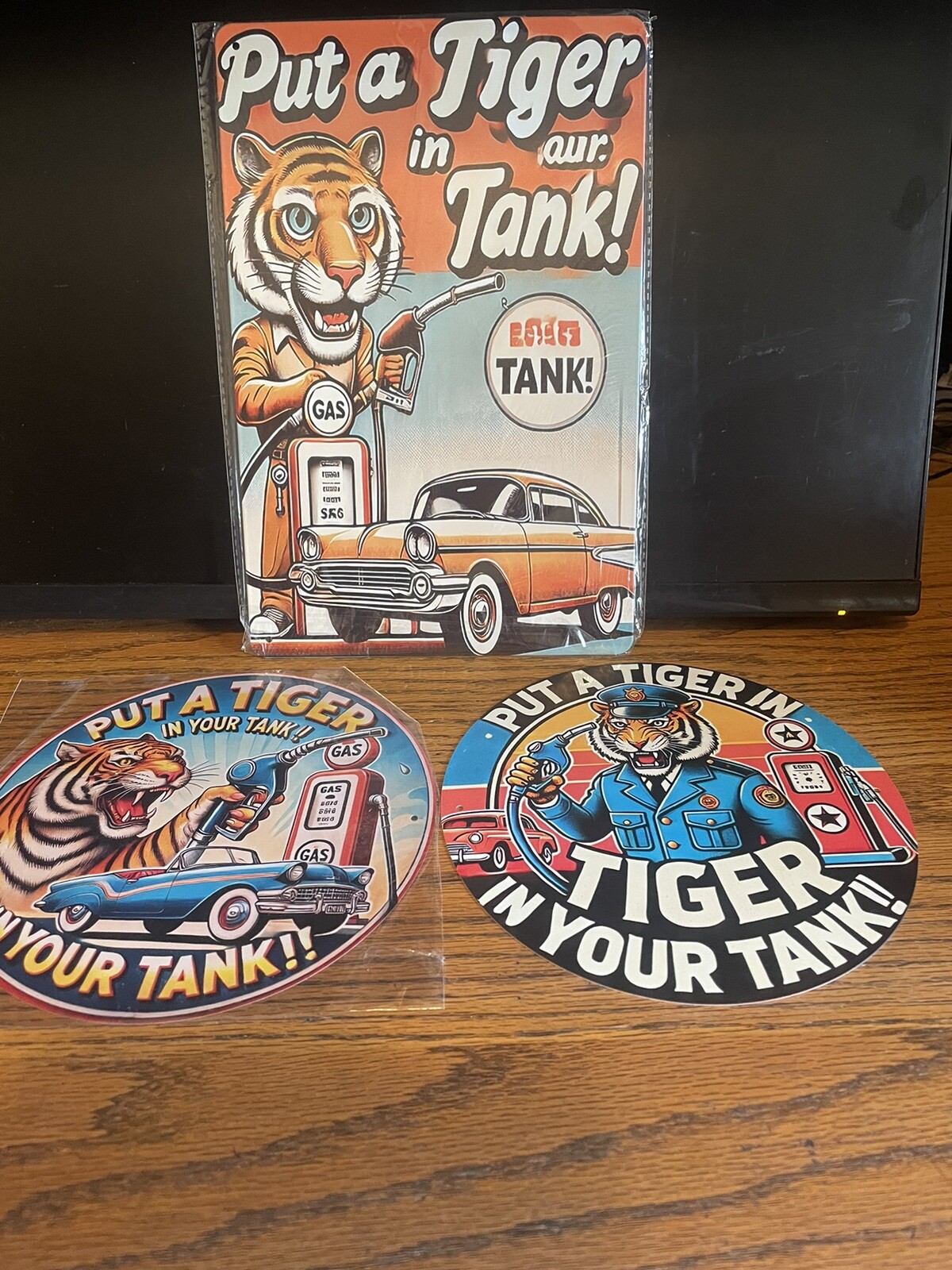 3-ESSO EXTRA GAS GASOLINE VINTAGE METAL SIGN 8X12-8”DIA NIP PUT TIGER IN TANK!!!