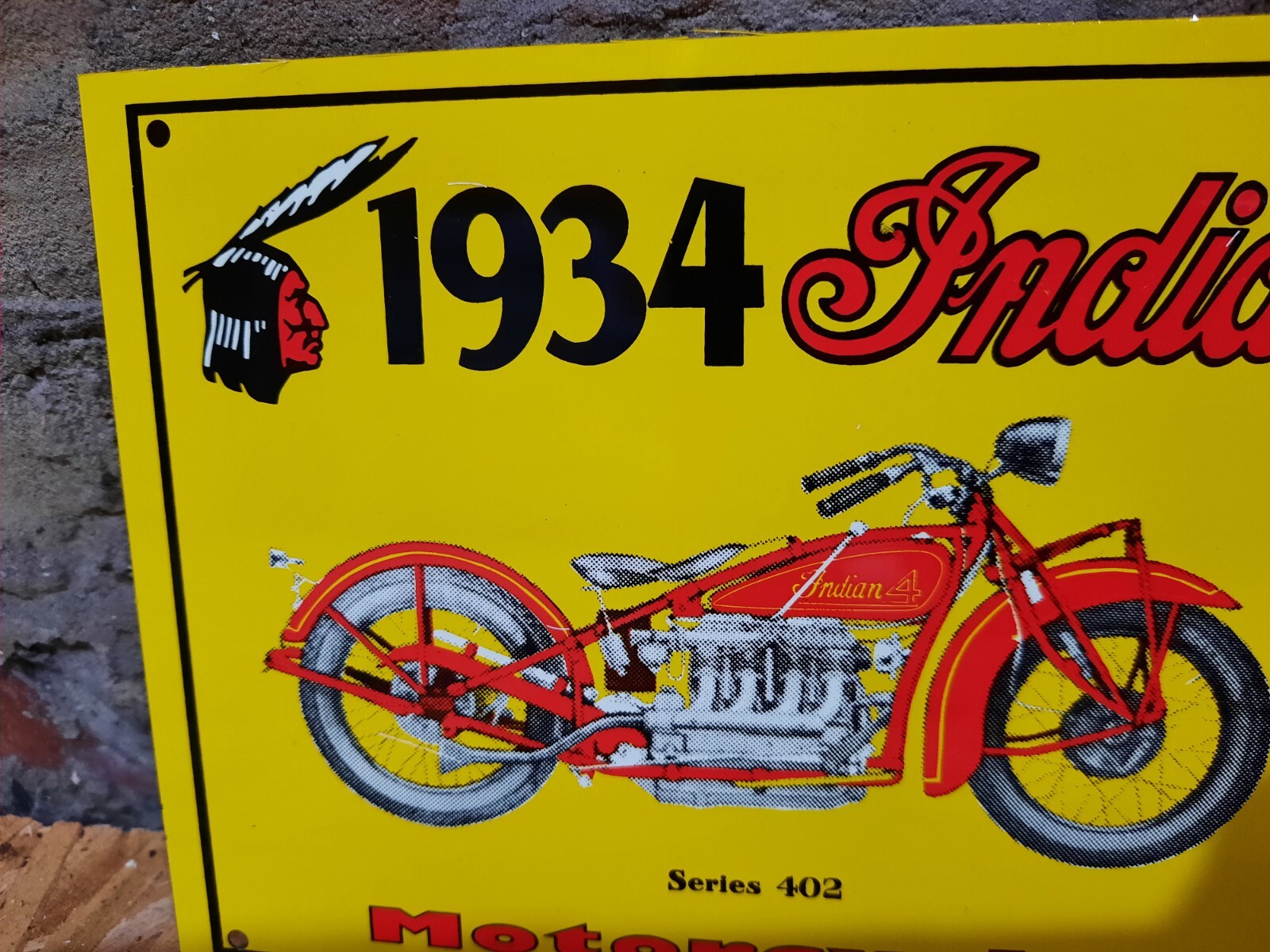 NEW OLD STOCK NOS METAL TACKER SIGN 1934 INDIAN MOTORCYCLES SERIES 402 MINT SIGN
