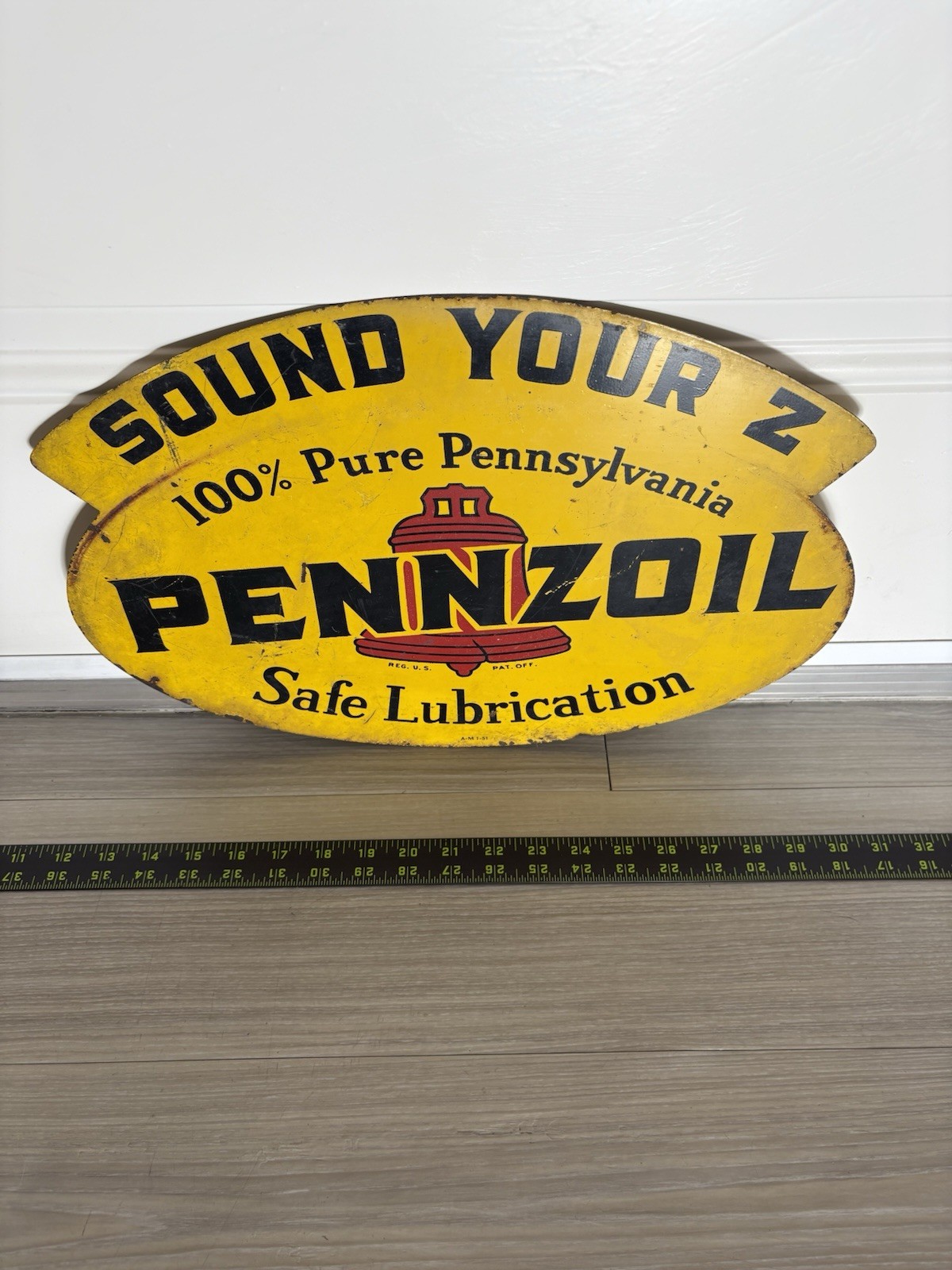 1950/51 PENNZOIL Double Sided Enamel Advertising Sign “Sound Your Z” 17” x 12”