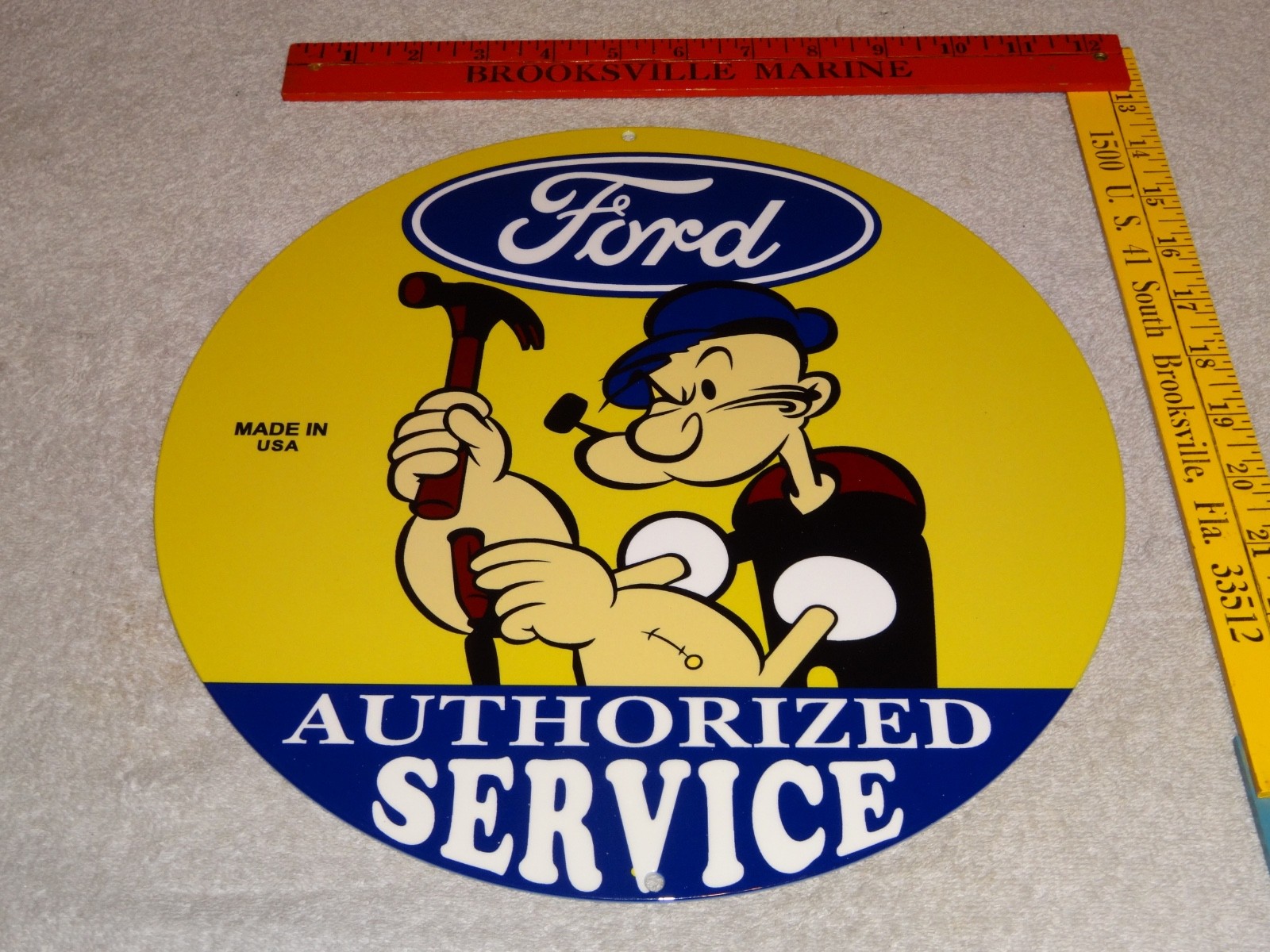 VINTAGE FORD SERVICE W/ POPEYE THE SAILOR MAN 12″ ENAMEL METAL GASOLINE OIL SIGN