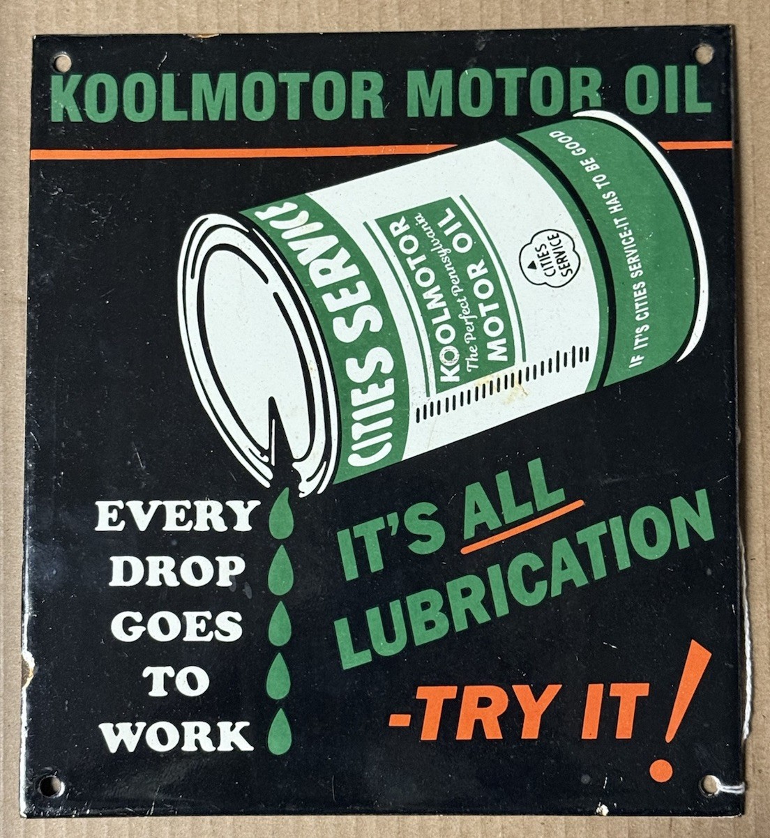 Vintage Koolmotor Motor Oil Cities Service Embossed Metal Gas Oil Sign 10×10