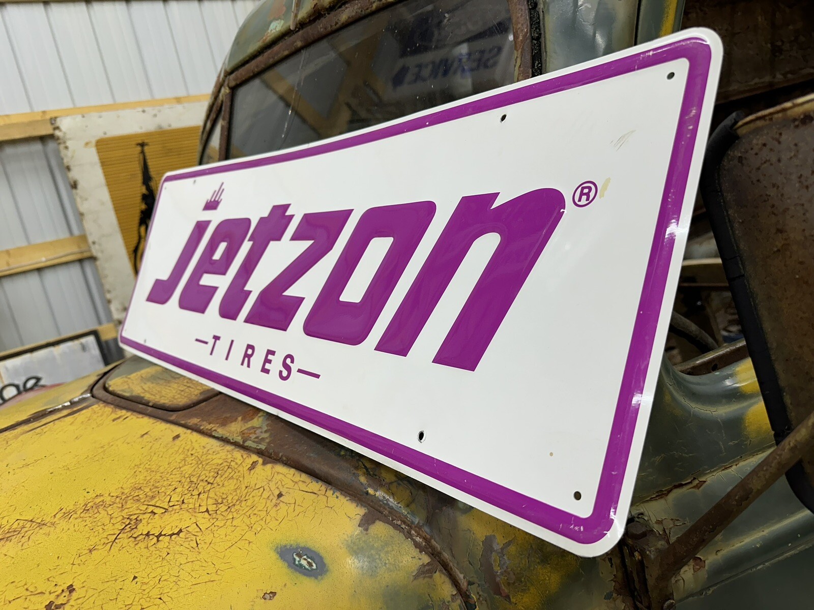 LQQK! Vintage Embossed JETZON TIRES Sign Old Car Truck Tractor Ag Trailer Farm