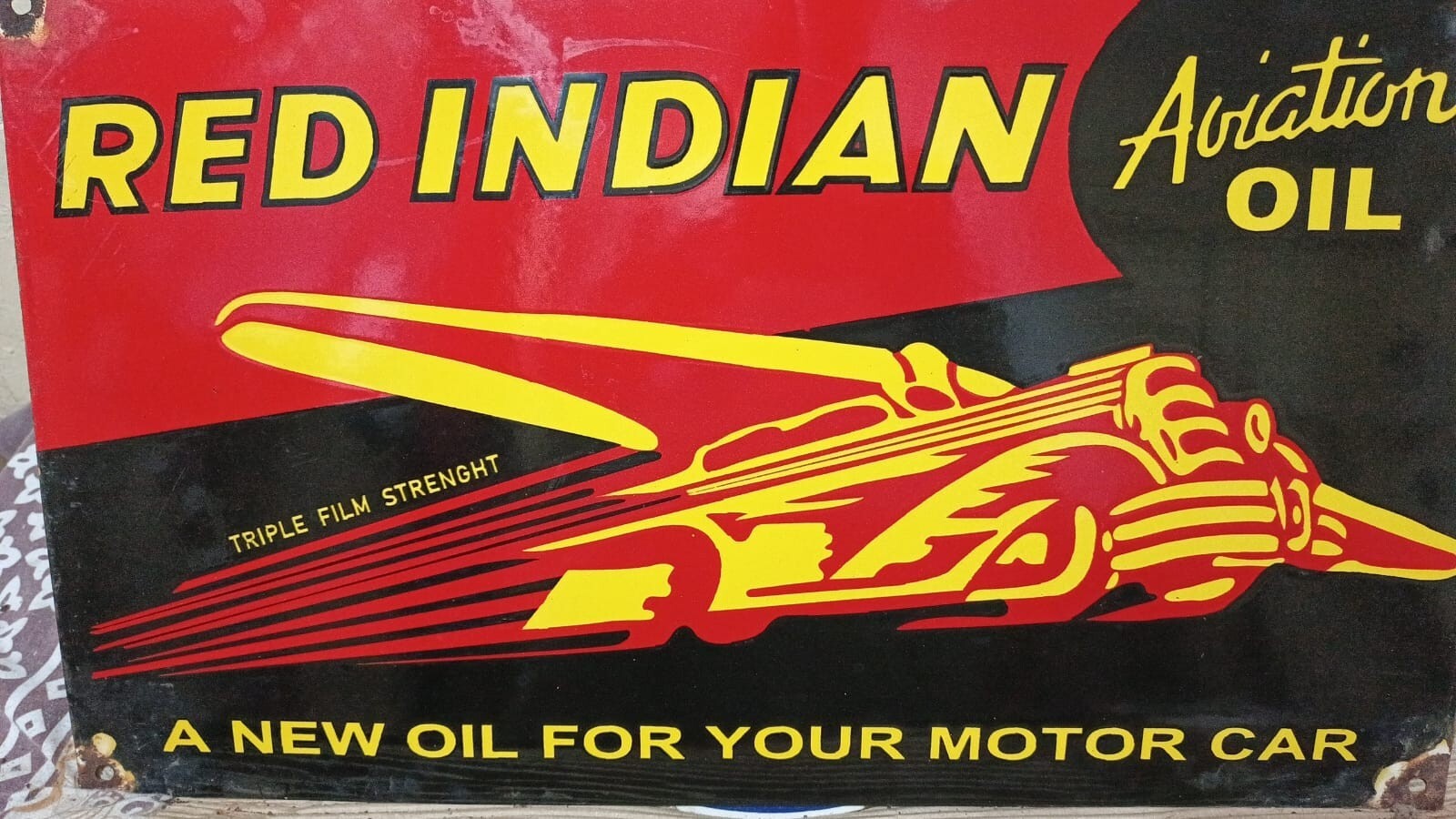 Red Indian Oil Rare Porcelain Enamal Heavy Metal 24×14 inches Single Side