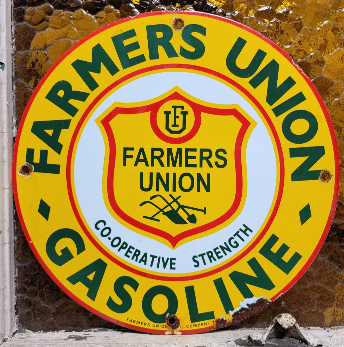 VINTAGE FARMERS UNION GASOLINE PORCELAIN SIGN OLD 1961 FARM TRACTOR GAS OIL 12″