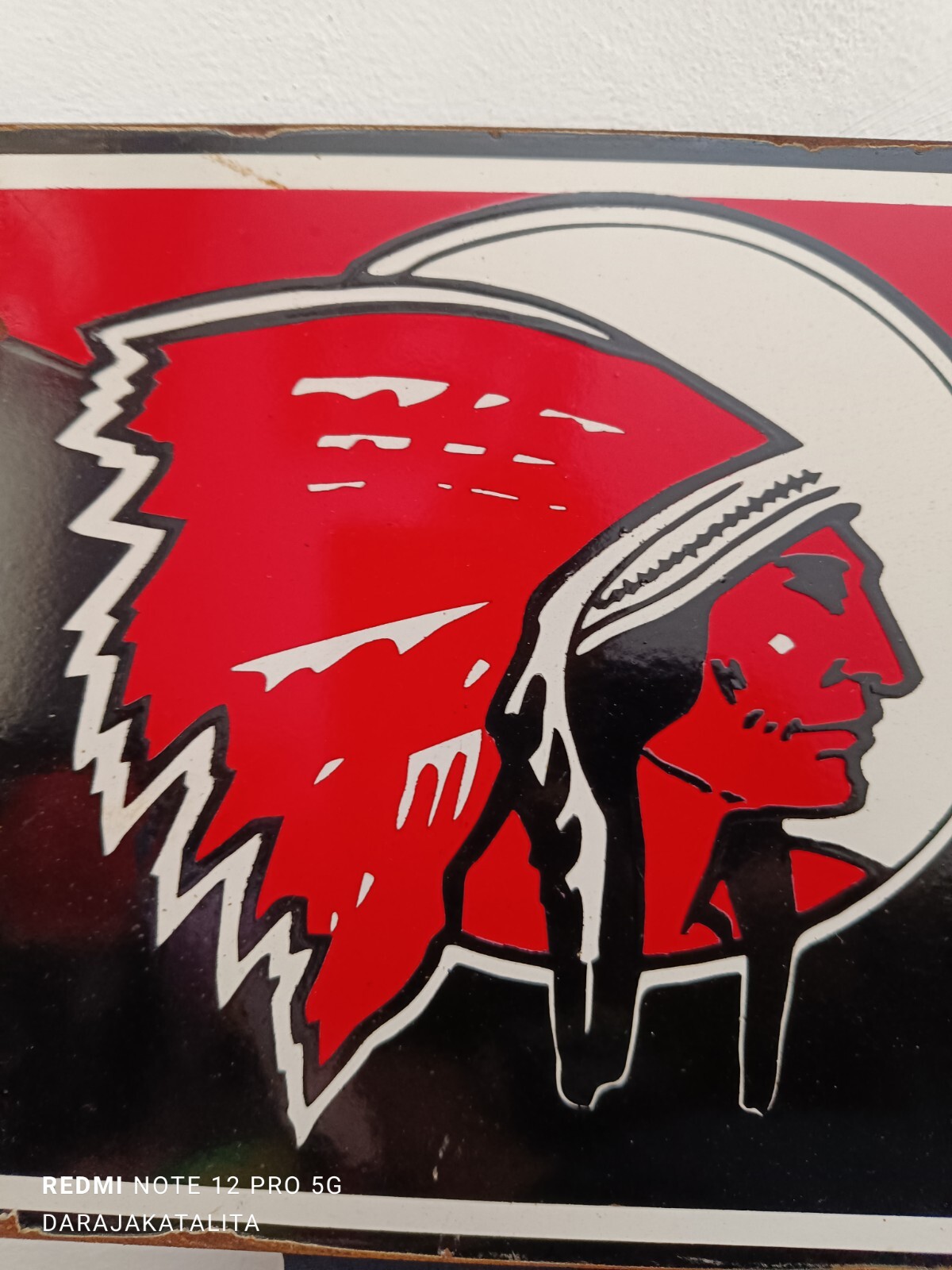Not Porcelain Red Indian Motor oil Enamel Sign Size 60cm x 21cm Vintage Design