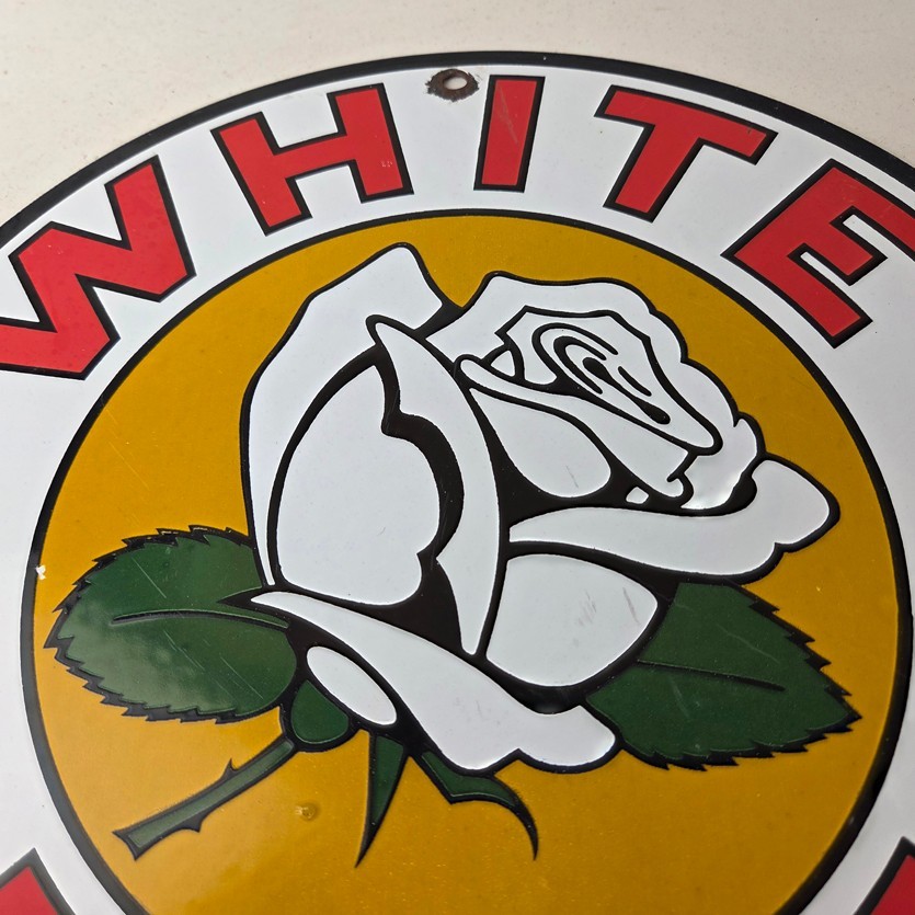 Vintage White Rose Gasoline Sign – Service Station Gas Oil Pump Plate Sign