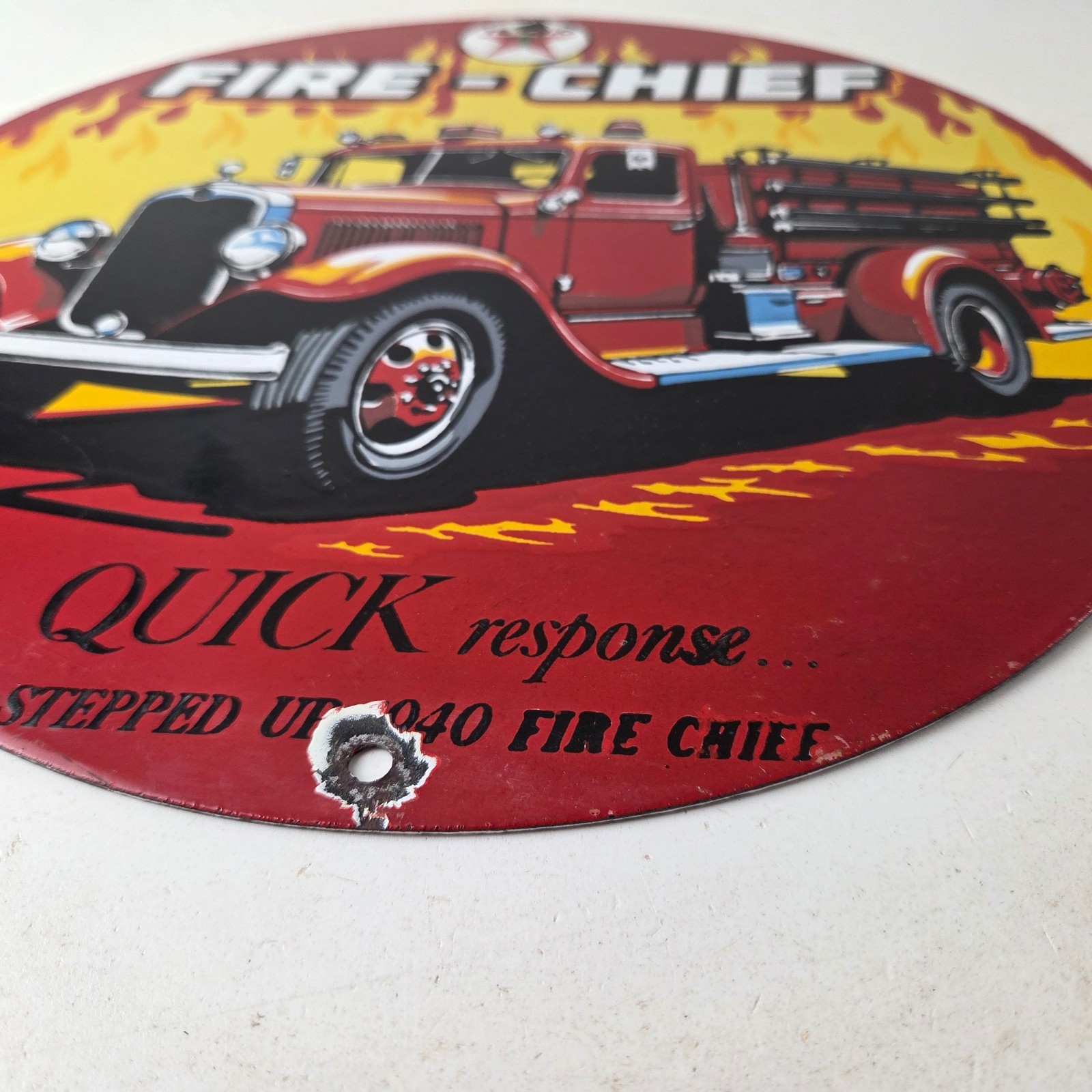 Vintage Texaco Fire-Chief Porcelain Sign – Red Fire Truck Gasoline Sign