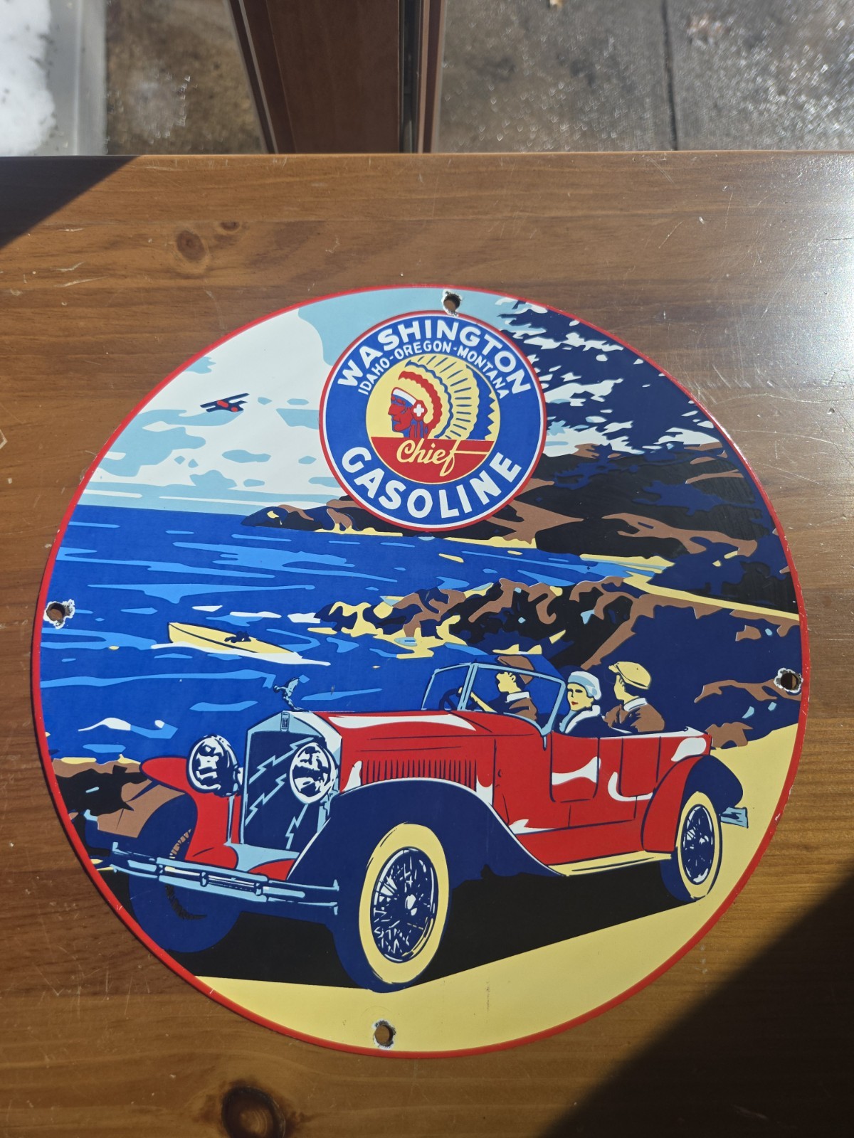Vintage Washington Gasoline Chief Gas Oil Pump Plate Porcelain 11 3/4″ FREE…