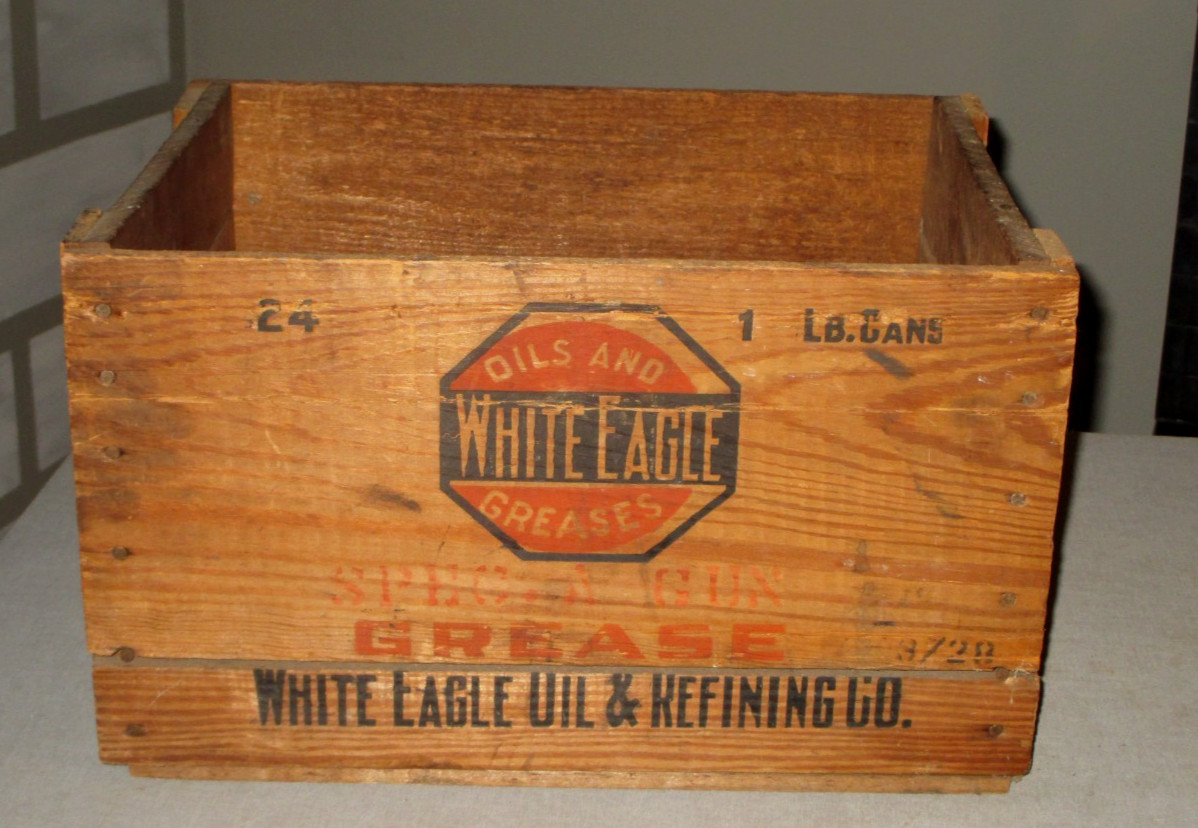1920-1930-WHITE EAGLE OIL & REFINING CO-WOOD CRATE DOUBLE SIDED CAN SIGN BOX-16″