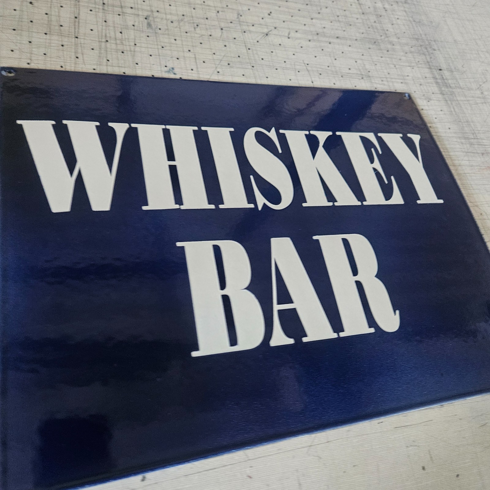 ORIGINAL PORCELAIN COBALT BLUE WHISKEY BAR GARAGE MAN CAVE DECOR 12.5″x16″ SIGN