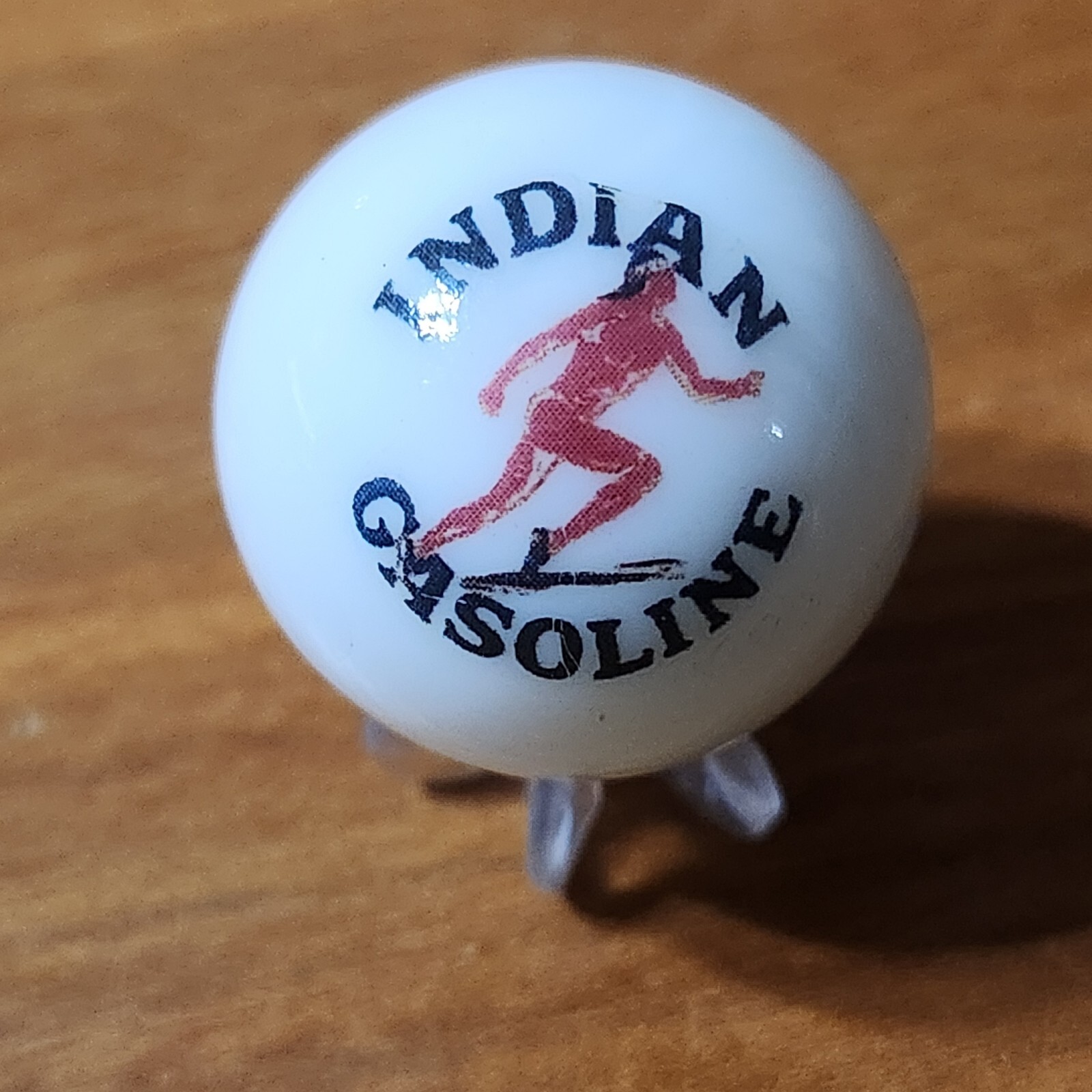 INDIAN GASOLINE COLLECTOR MOTOR OIL 1″ SHOOTER MARBLE & STAND