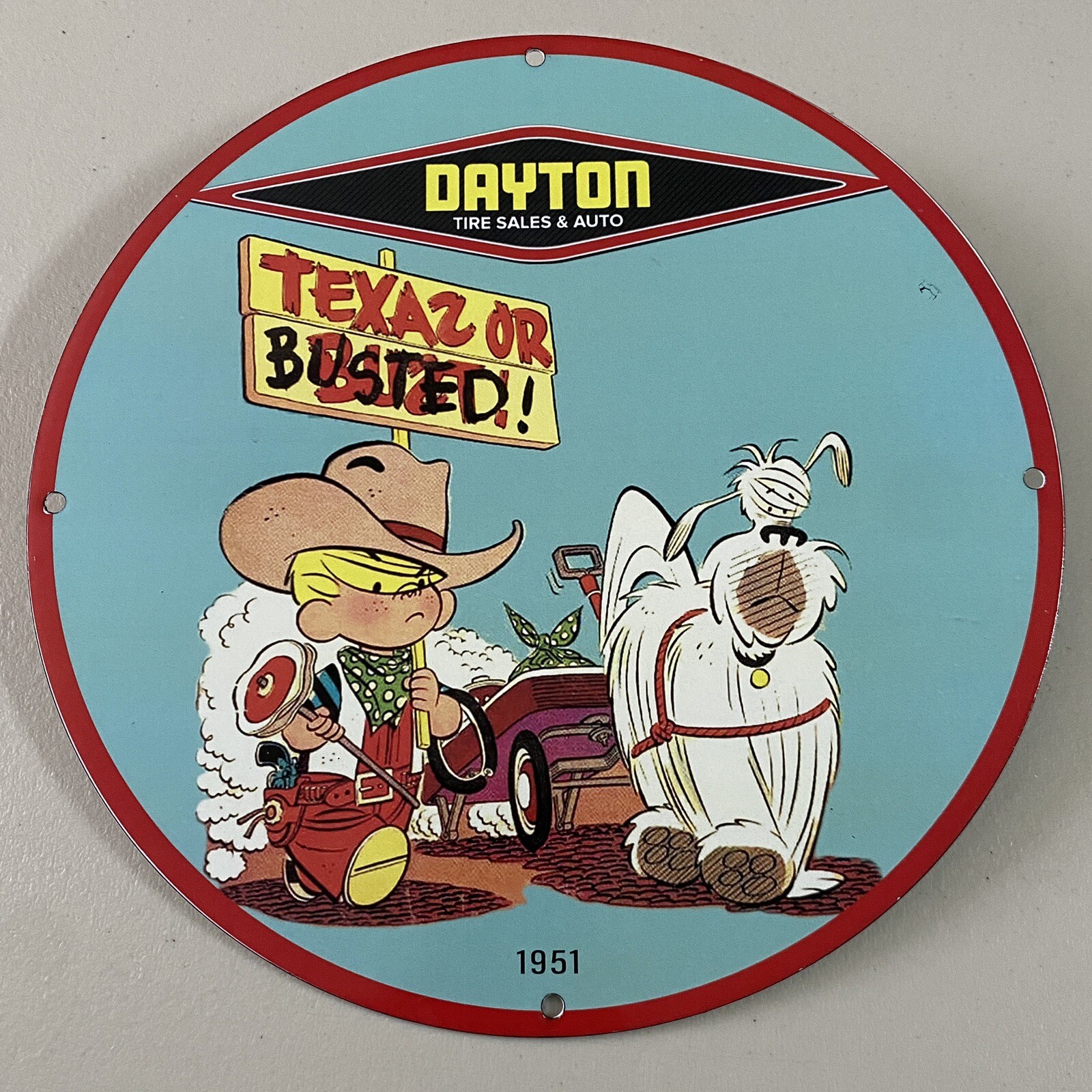 VINTAGE DAYTON TIRE SALES & AUTO PORCELAIN SIGN GAS OIL REPAIR SHOP PUMP PLATE
