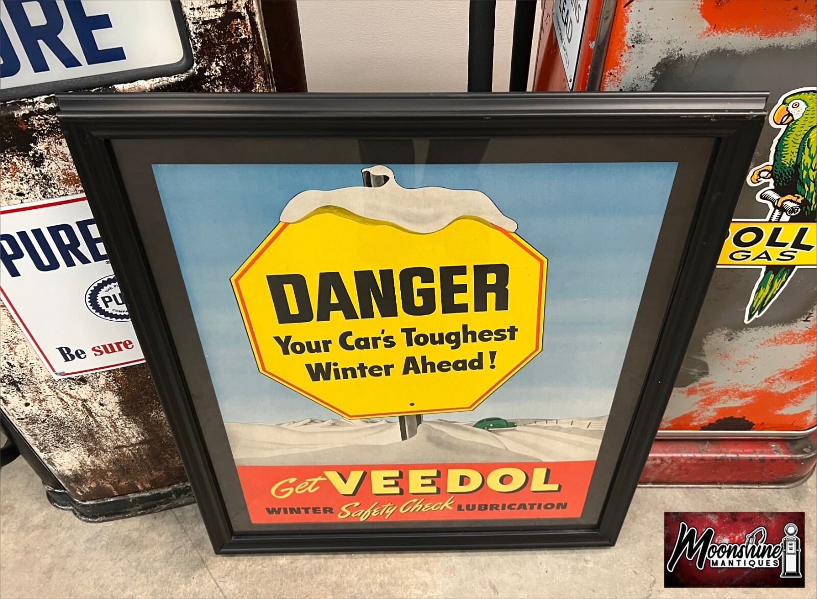 Vtg. 1940’s VEEDOL Motor Oil Framed Advertising Sign