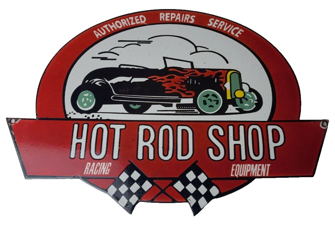 Vintage Hot Rod Shop Sign – Racing Equipment Auto Gas Pump Porcelain Sign