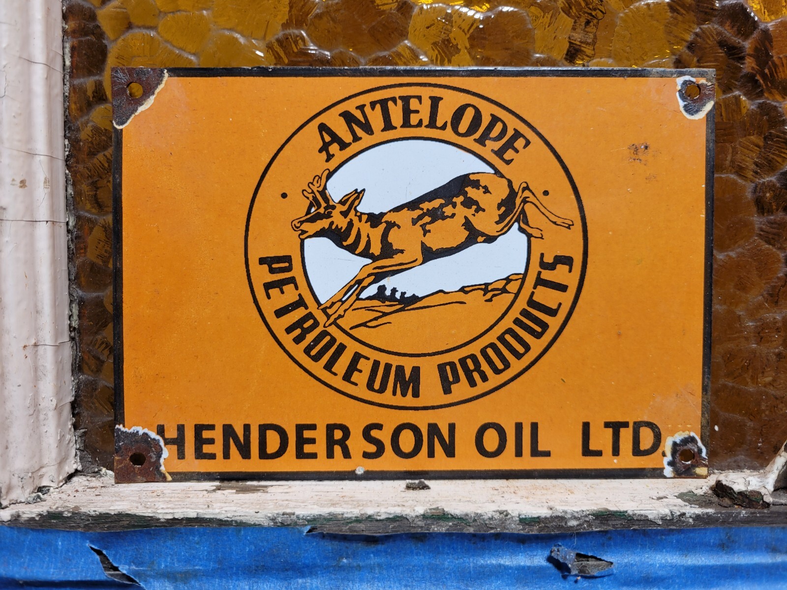 VINTAGE ANTELOPE PETROLEUM PORCELAIN SIGN OLD HENDERSON MOTOR OIL GAS ENGINE