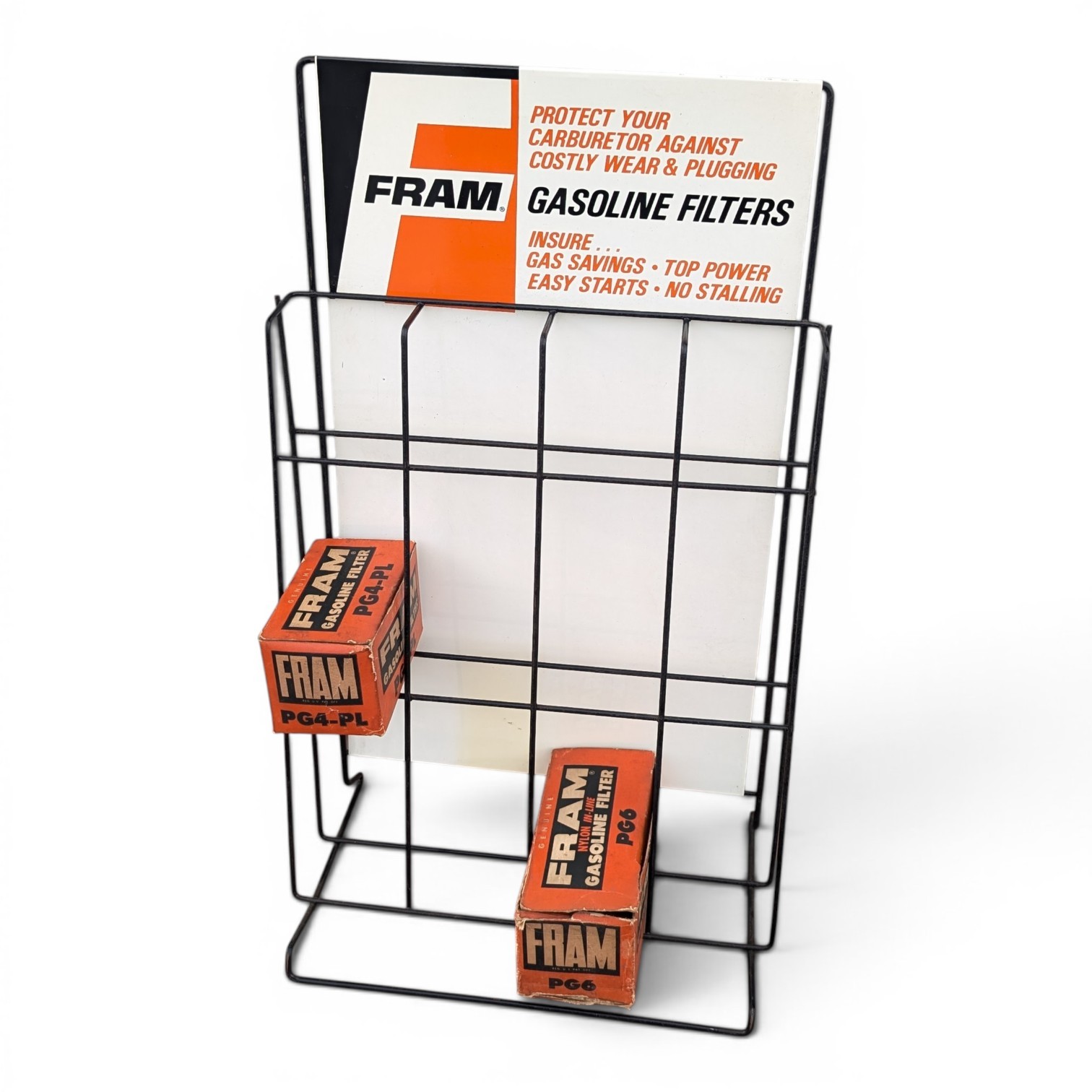 Vintage Fram Countertop Display Rack Gasoline Filters Shelf Metal Sign