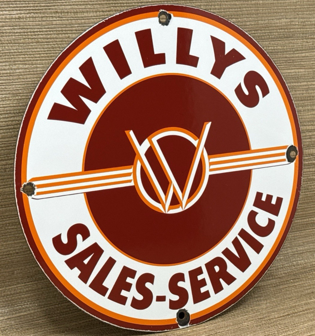 VINTAGE WILLYS PORCELAIN SIGN SALES SERVICE GAS OIL PUMP PLATE DEALERSHIP KNIGHT