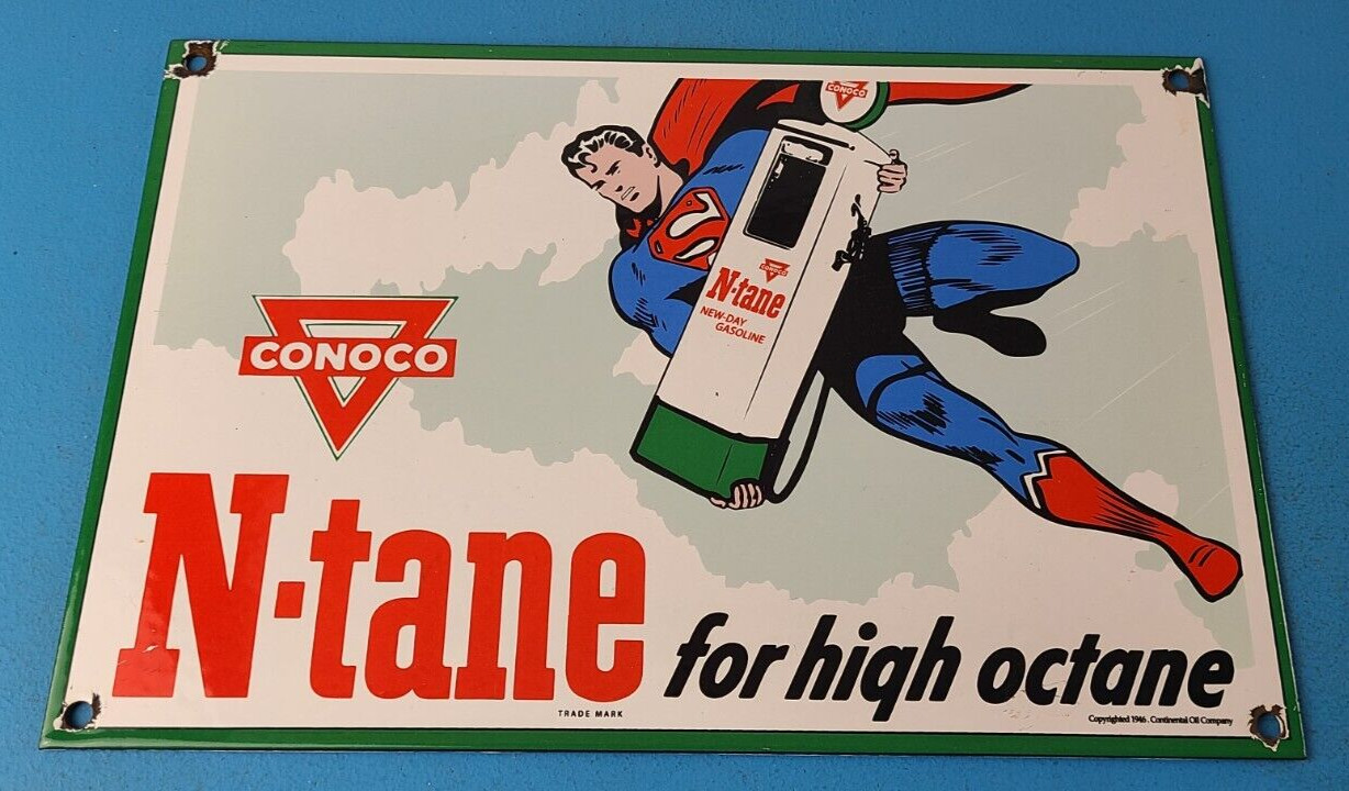 Vintage Conoco Gasoline Sign – Superman Comics Porcelain Gas Pump Sign