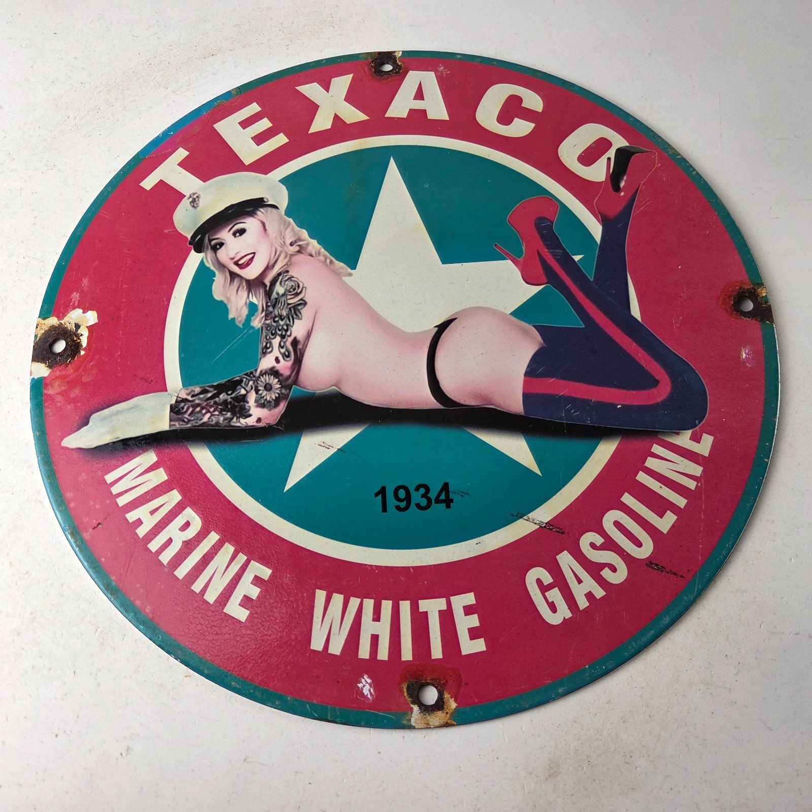 Vintage Texaco Gasoline Sign – White Marine Gas Pump Porcelain Sign