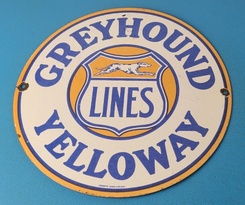 Vintage Greyhound Yelloway Porcelain – Bus Line Company News Gas Pump Sign