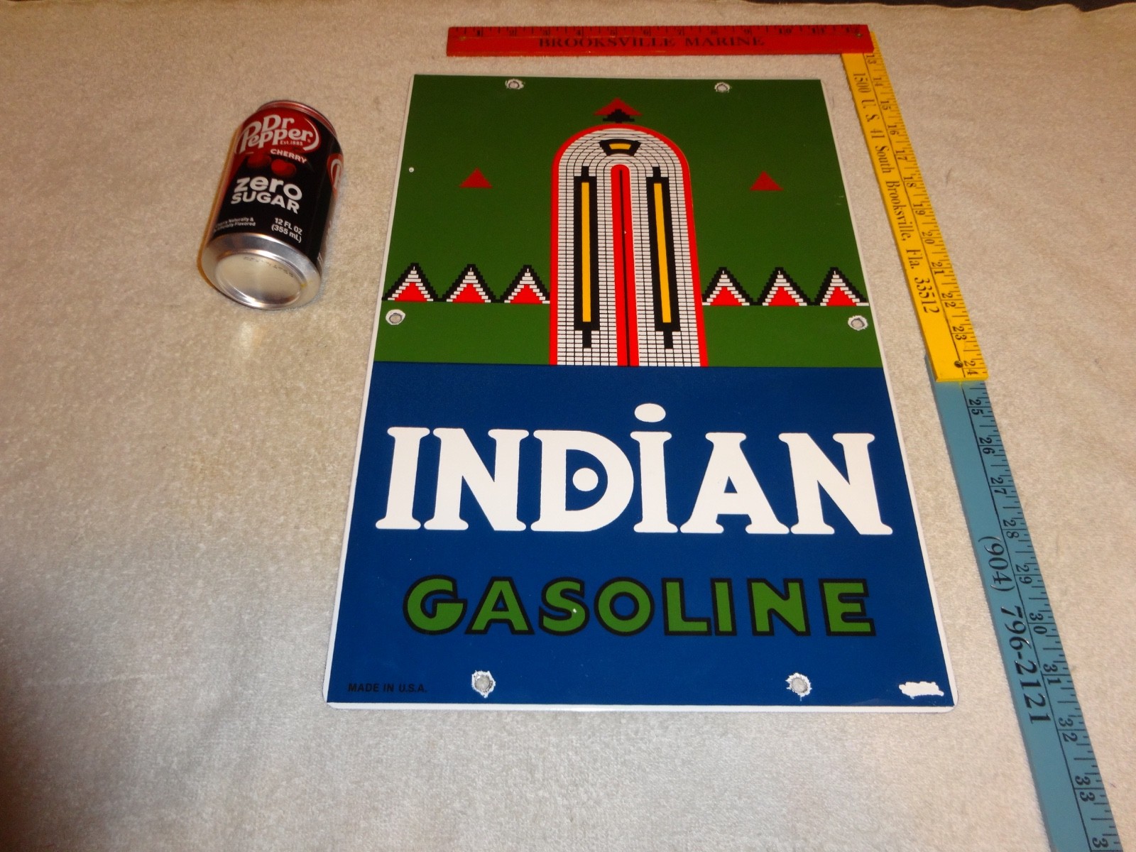 VINTAGE INDIAN GASOLINE 18″ PORCELAIN METAL MOTORCYCLE GAS & OIL PUMP PLATE SIGN
