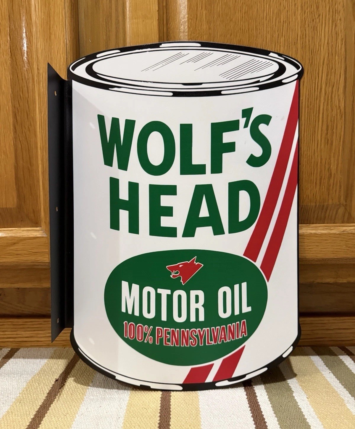 Wolf’s Head Motor Oil Flange Sign Can Garage 2 Sided Vintage Style Wall Decor