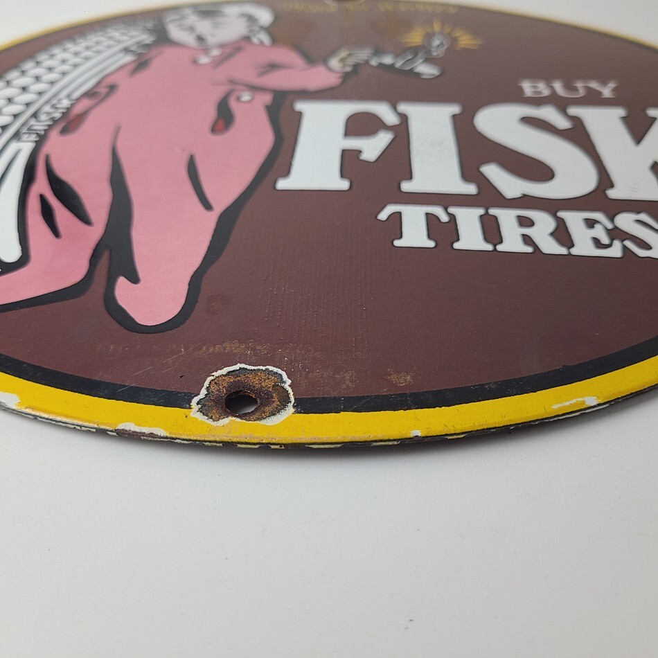 Vintage Fisk Tires Sign – Automobile Car Sales Service Gas Pump Porcelain Sign