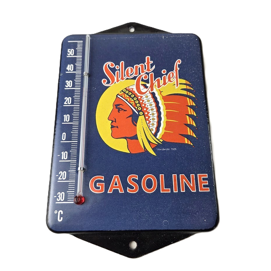 Vintage Silent Chief Porcelain Sign – Gasoline Pump Ad Sign On Thermometer